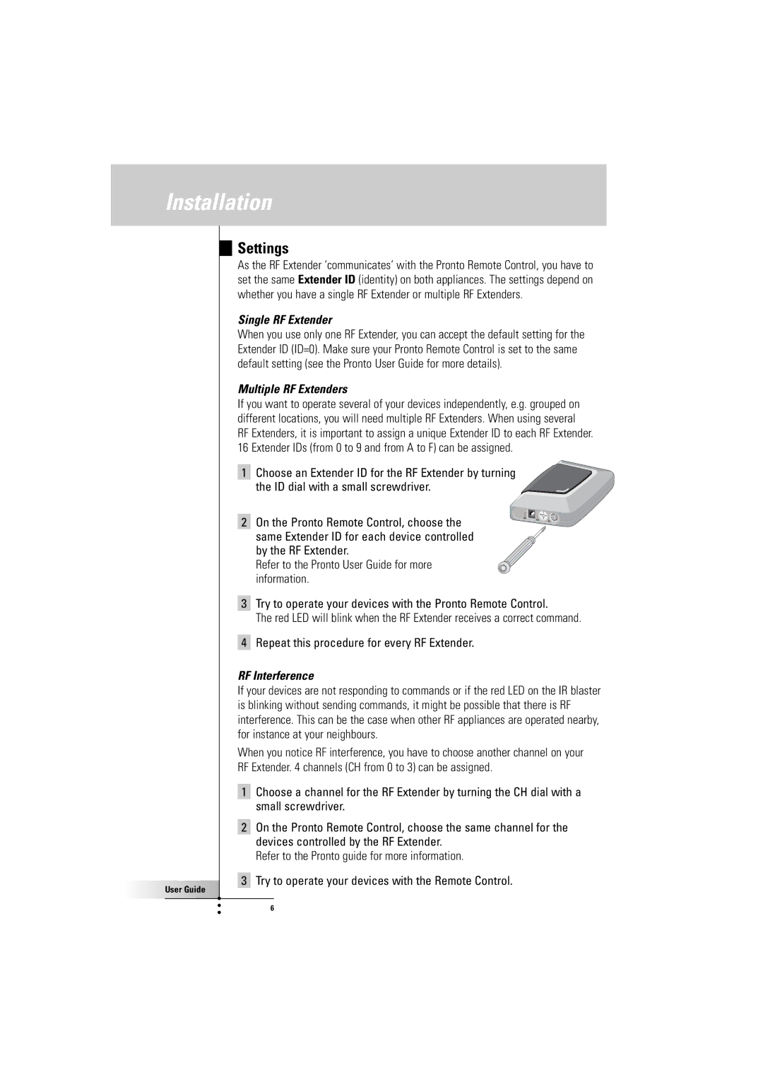 Philips RFX600099 manual Settings, Single RF Extender, Multiple RF Extenders, RF Interference 