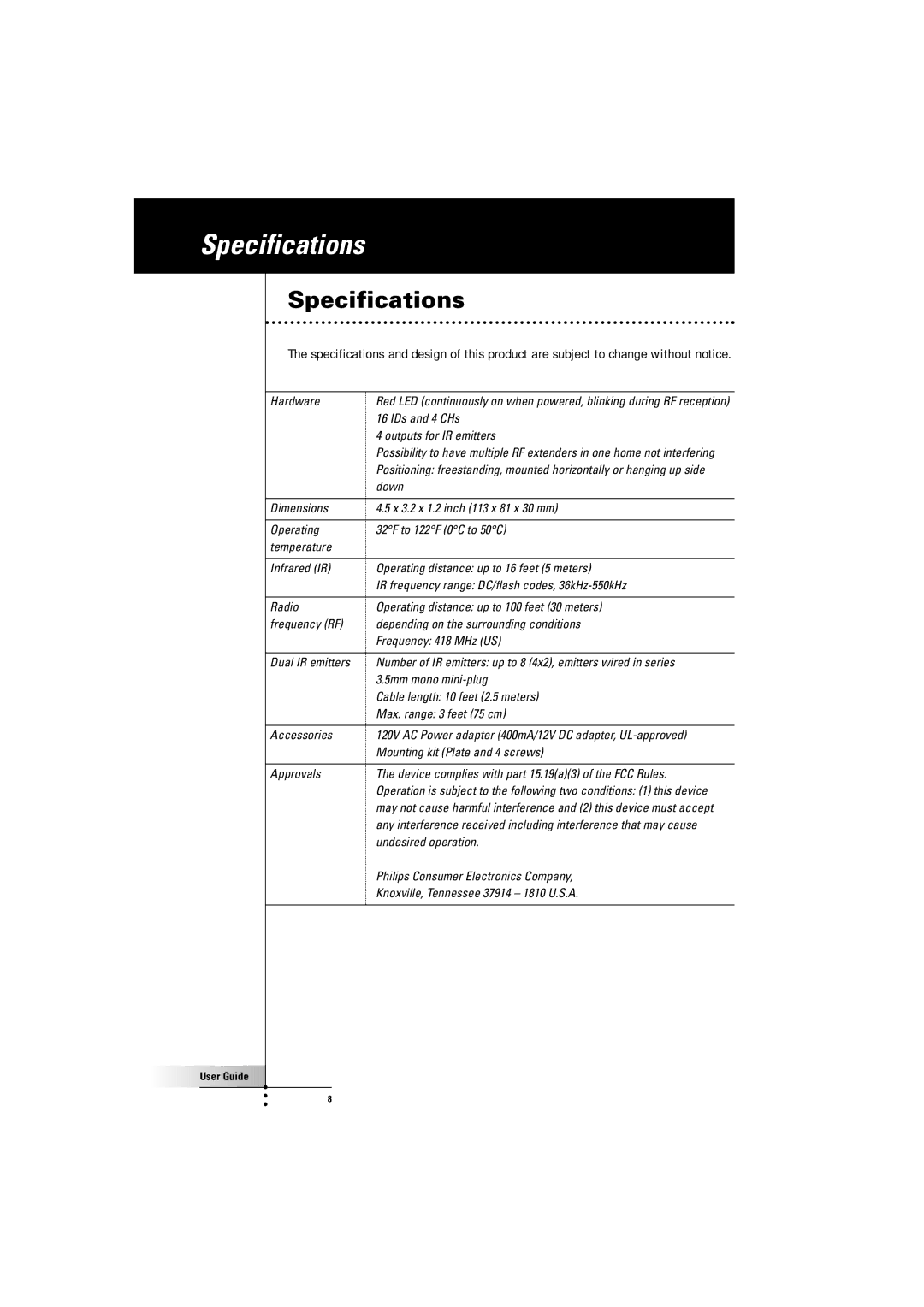 Philips RFX600099 manual Specifications 