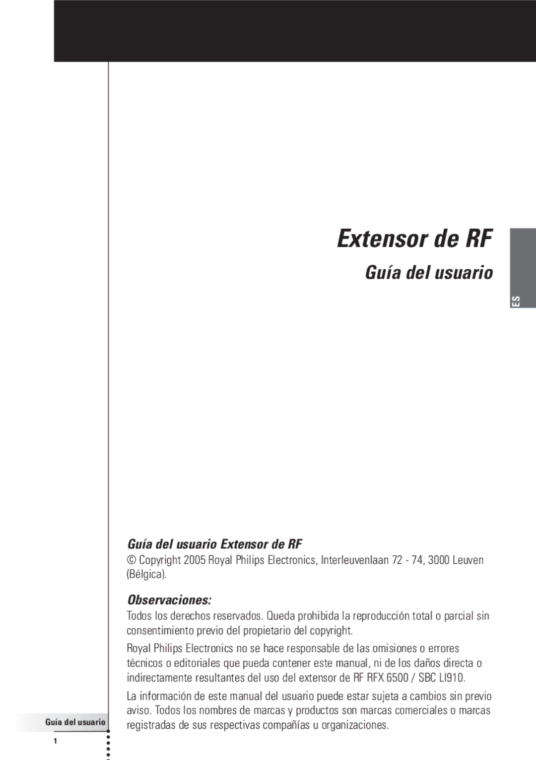 Philips RFX6500, SBC LI910 manual Guía del usuario Extensor de RF, Observaciones 