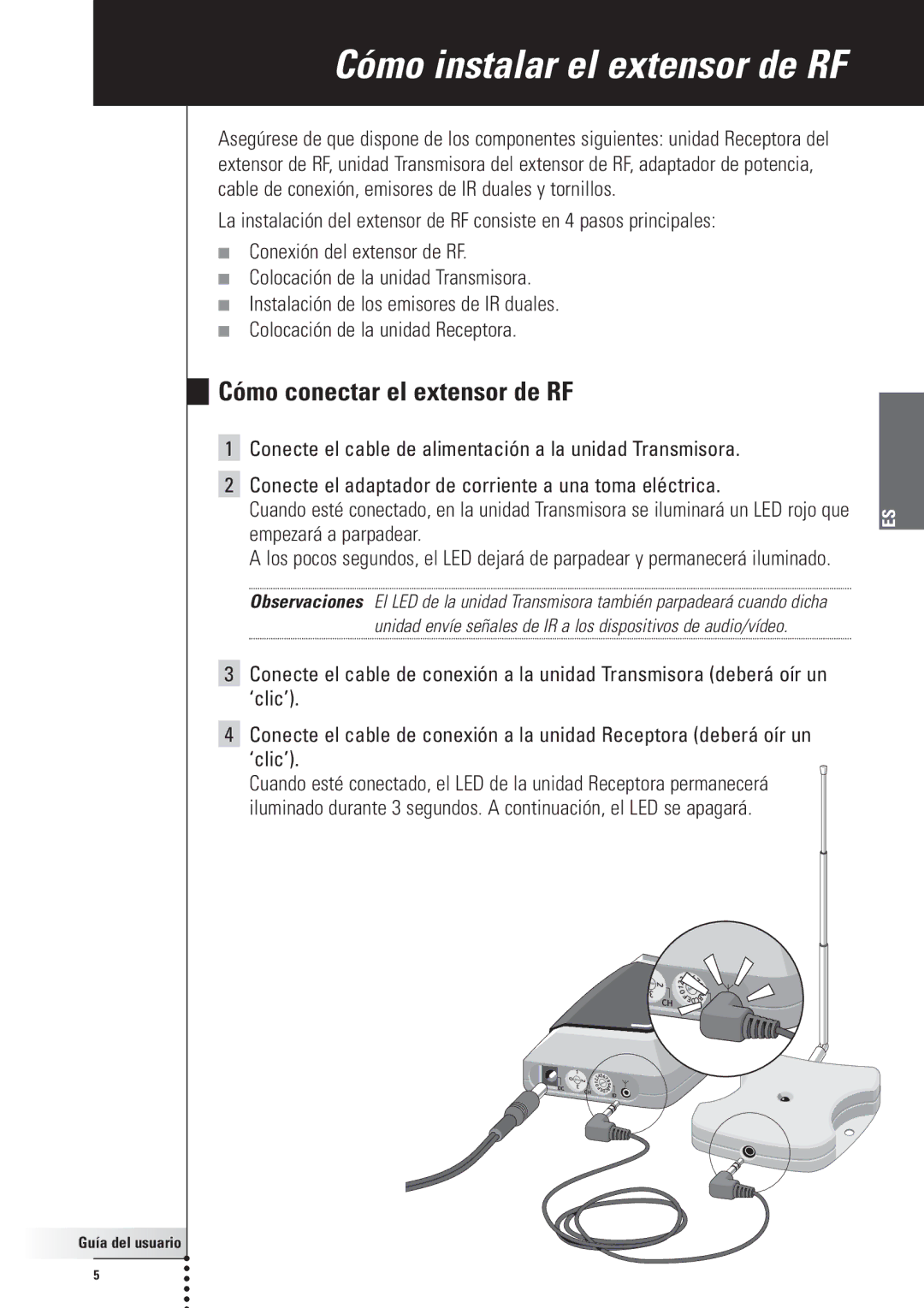 Philips RFX6500, SBC LI910 manual Cómo instalar el extensor de RF, Cómo conectar el extensor de RF 