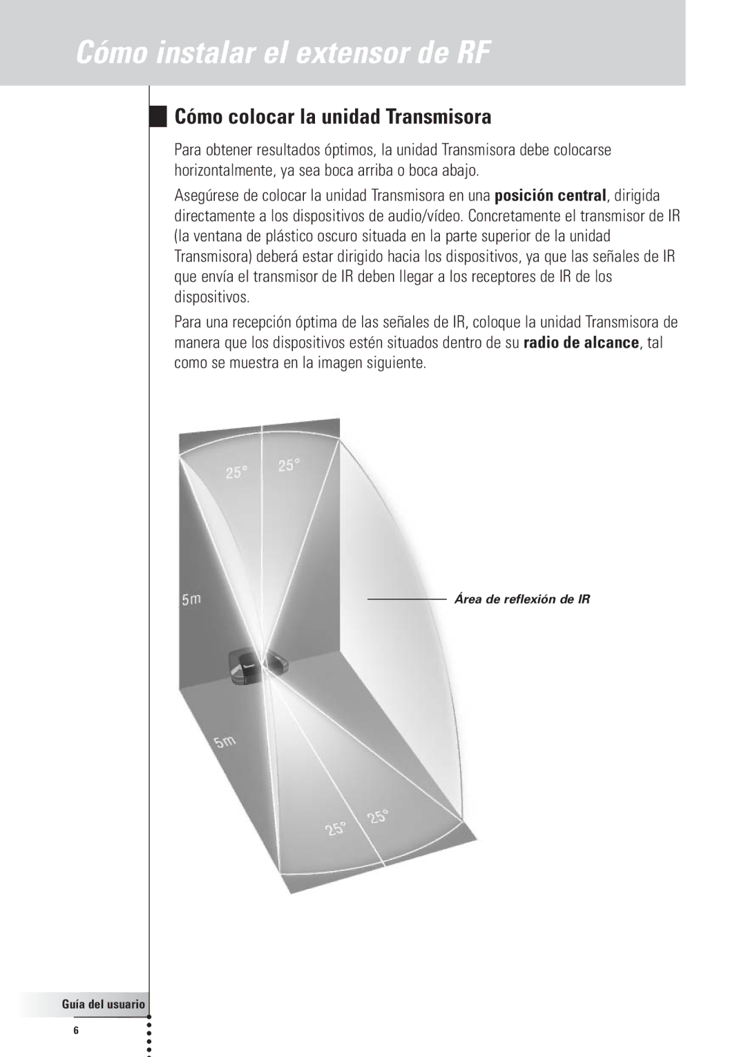 Philips SBC LI910, RFX6500 manual Cómo instalar el extensor de RF, Cómo colocar la unidad Transmisora 