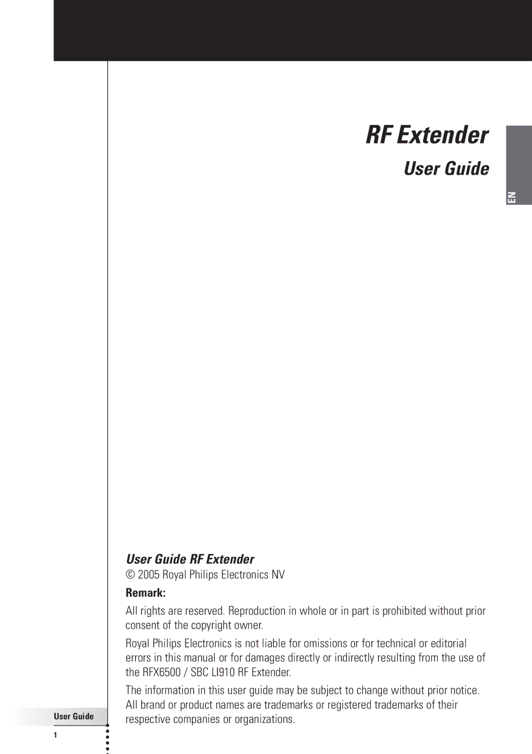 Philips RFX6500, SBC LI910 manual User Guide RF Extender 