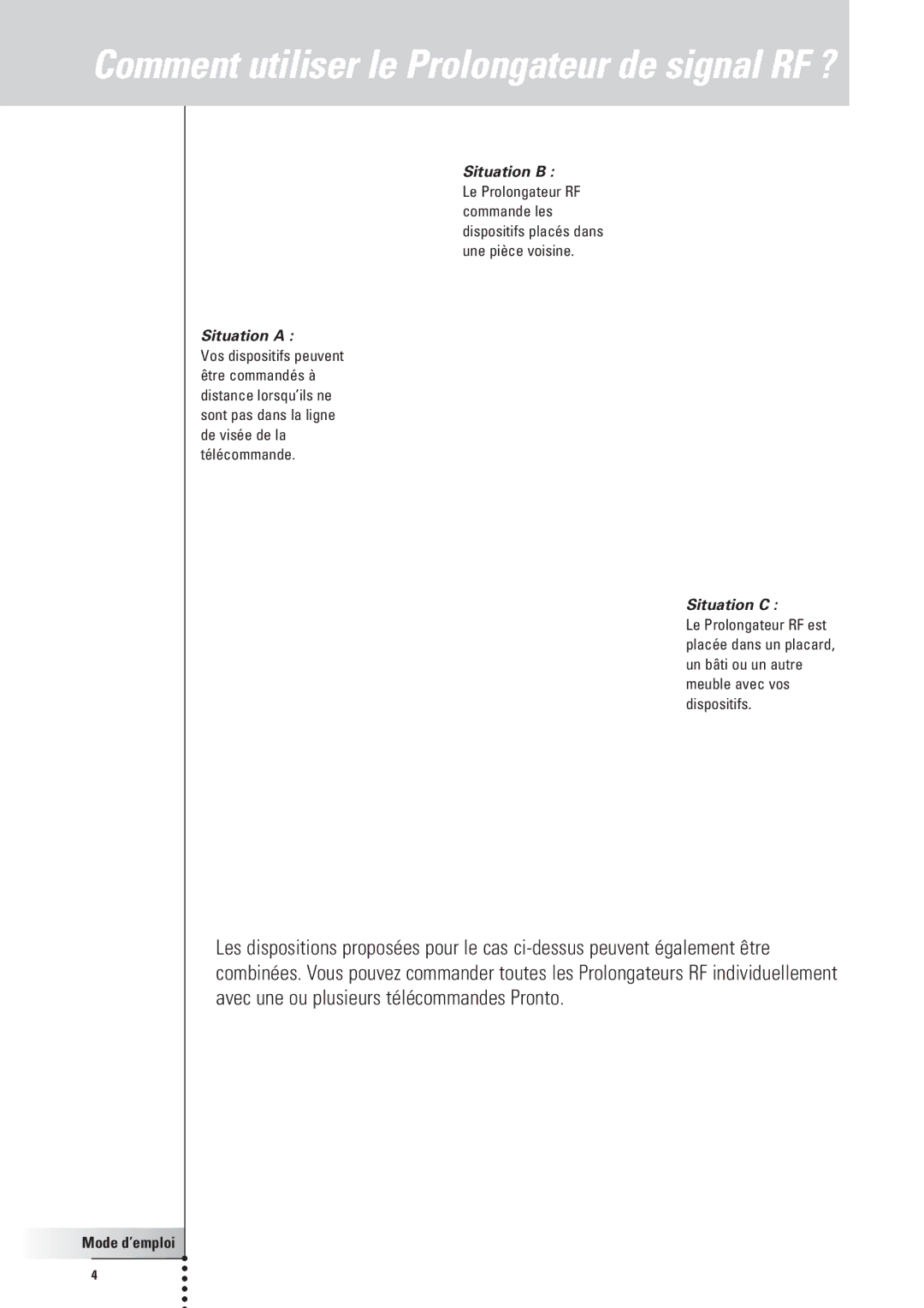 Philips SBC LI910, RFX6500 manual Comment utiliser le Prolongateur de signal RF ? 