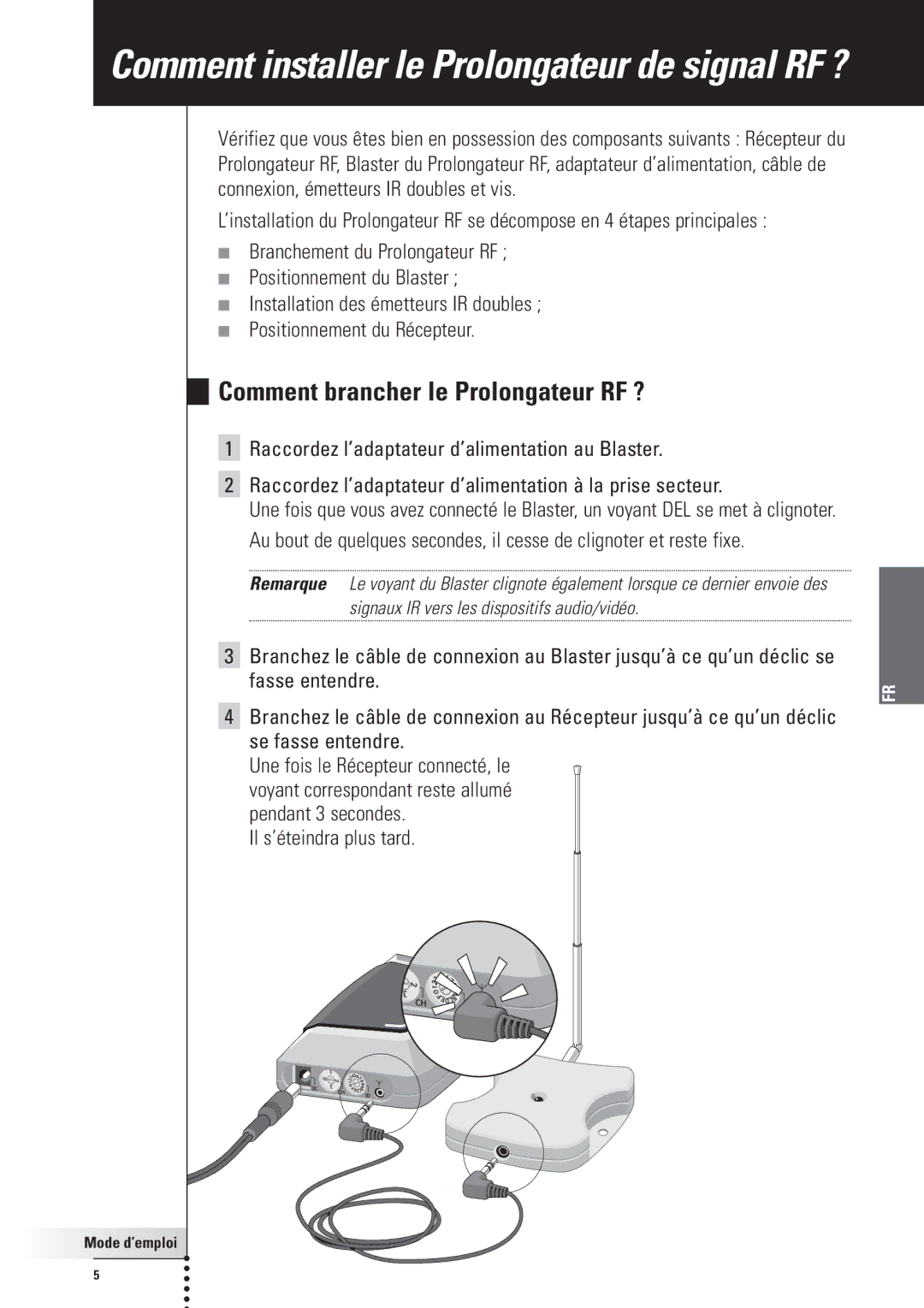 Philips RFX6500, SBC LI910 manual Comment installer le Prolongateur de signal RF ?, Comment brancher le Prolongateur RF ? 