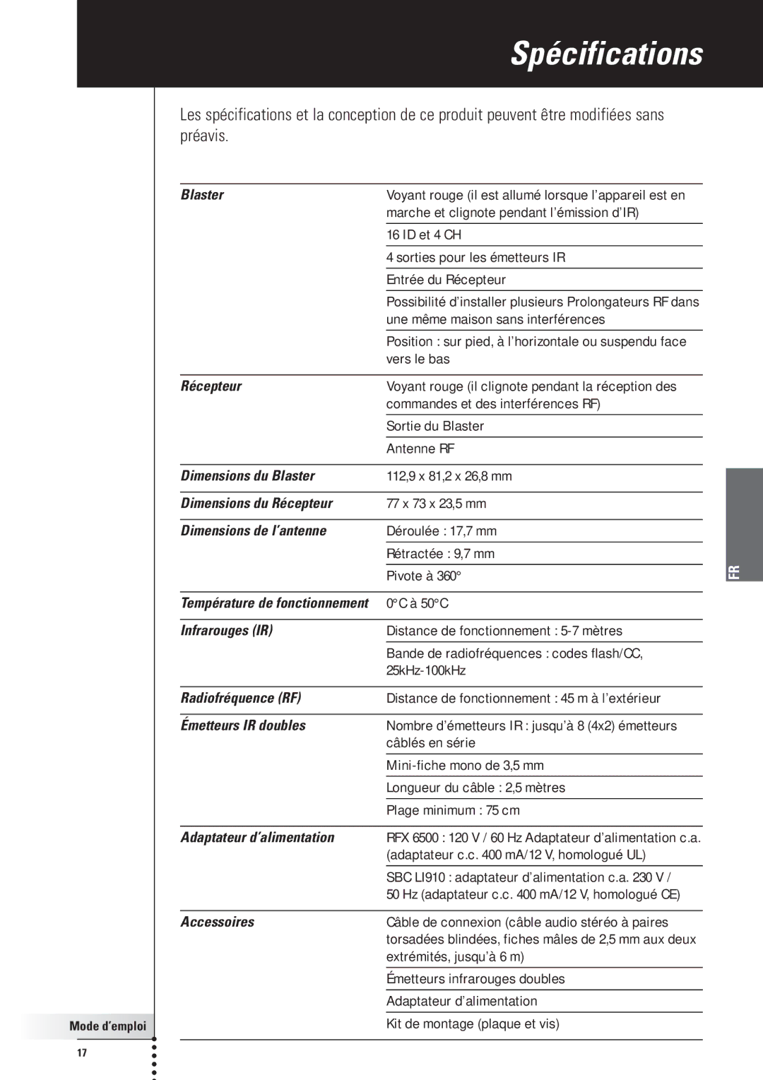 Philips RFX6500, SBC LI910 manual Spécifications, Blaster 