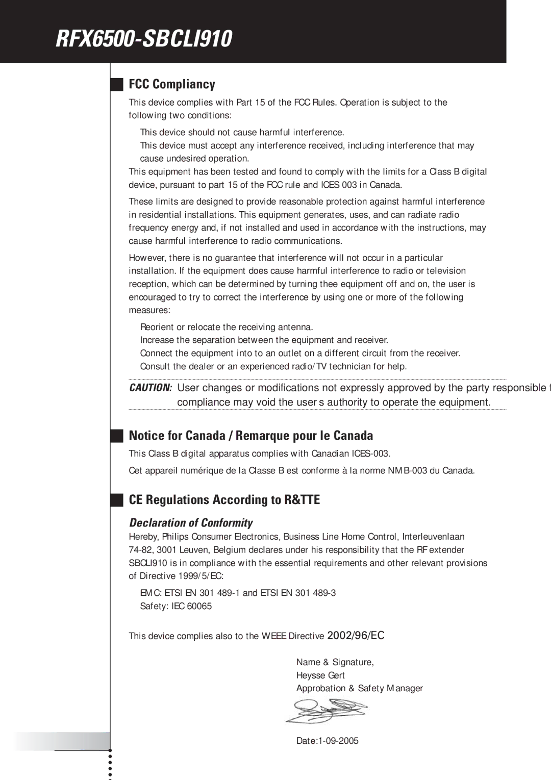 Philips SBC LI910 manual RFX6500-SBCLI910, FCC Compliancy 