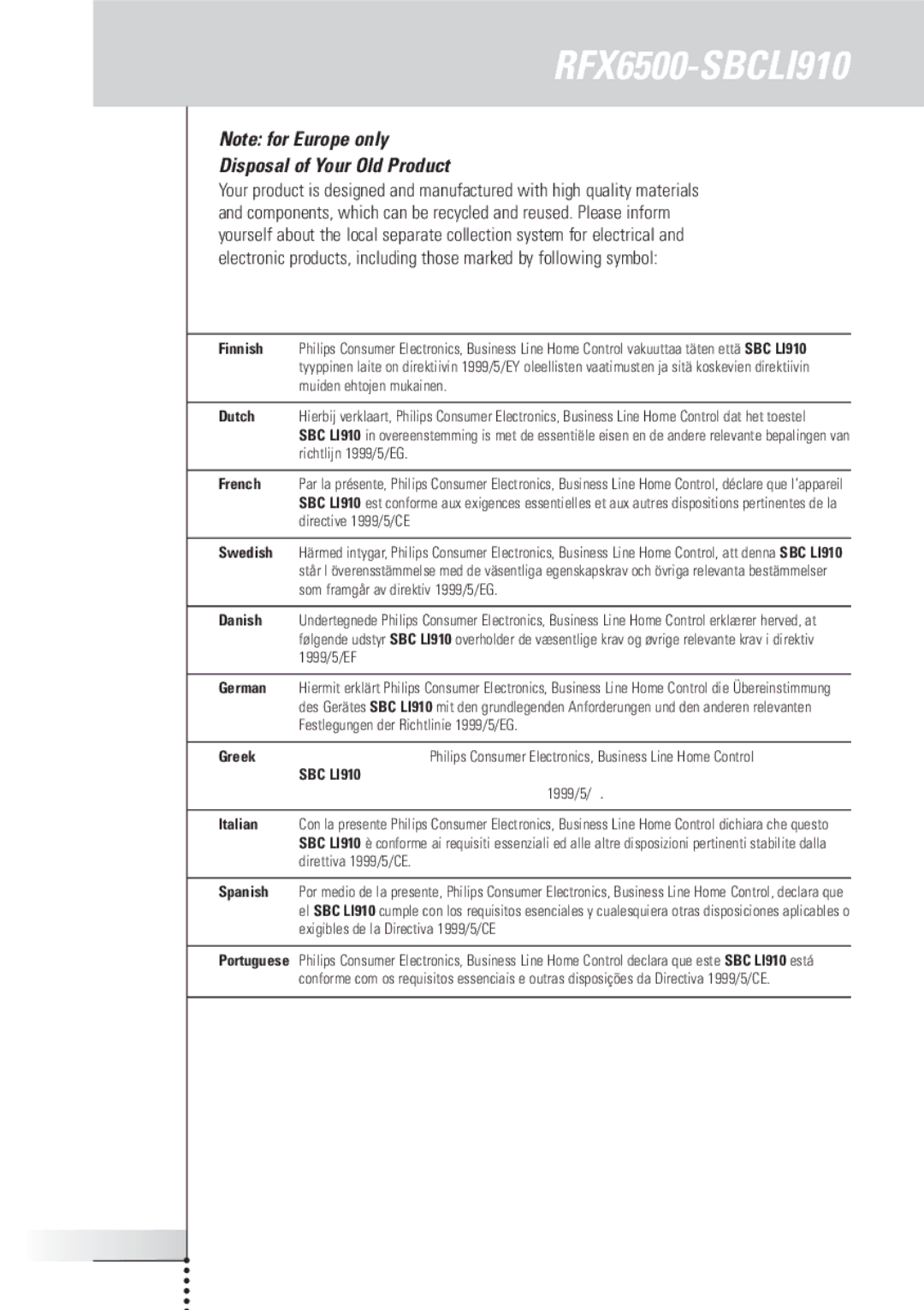 Philips RFX6500, SBC LI910 manual Disposal of Your Old Product 