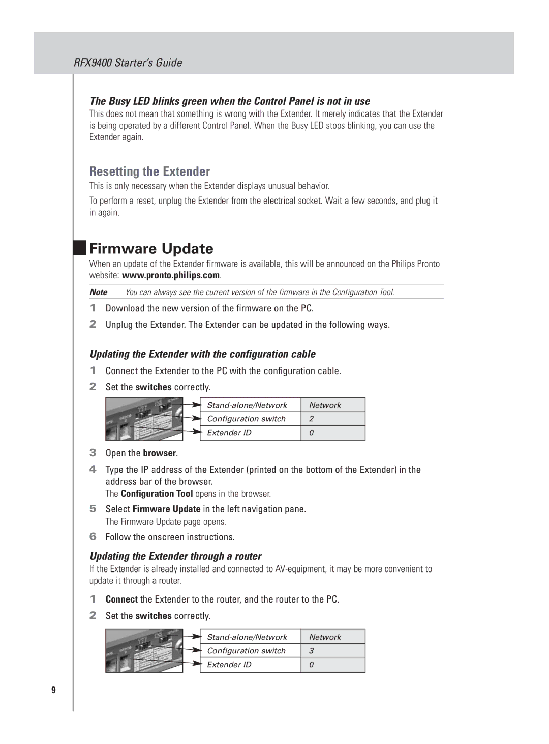 Philips RFX9400 manual Firmware Update, Resetting the Extender, Busy LED blinks green when the Control Panel is not in use 