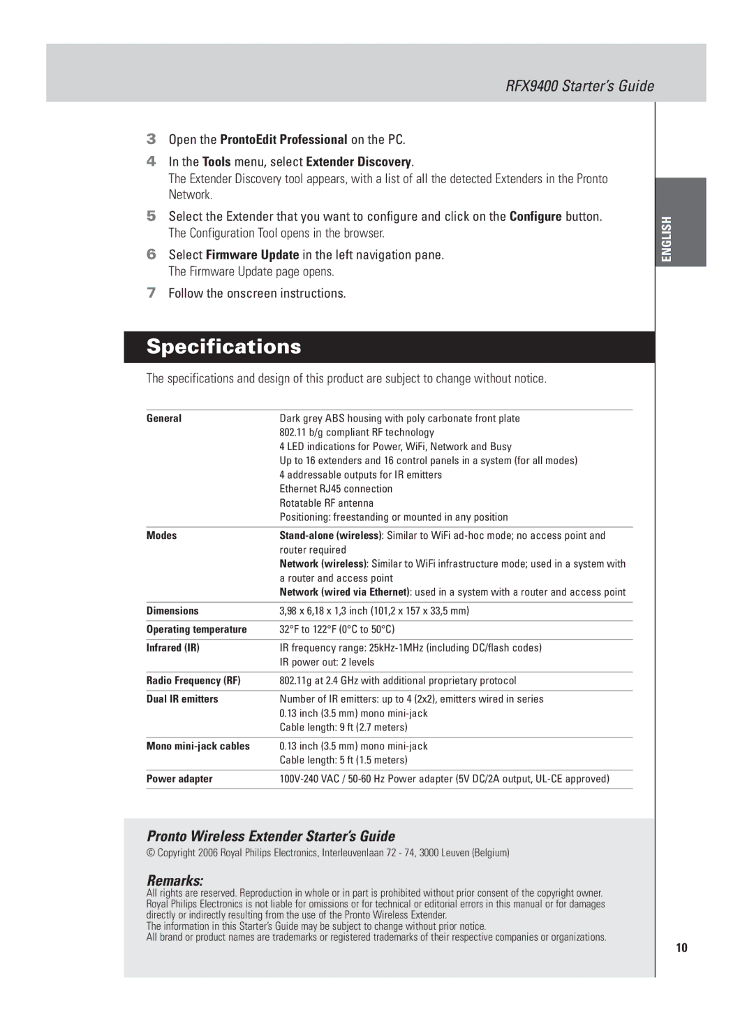 Philips RFX9400 manual Specifications, Pronto Wireless Extender Starter’s Guide, Remarks 