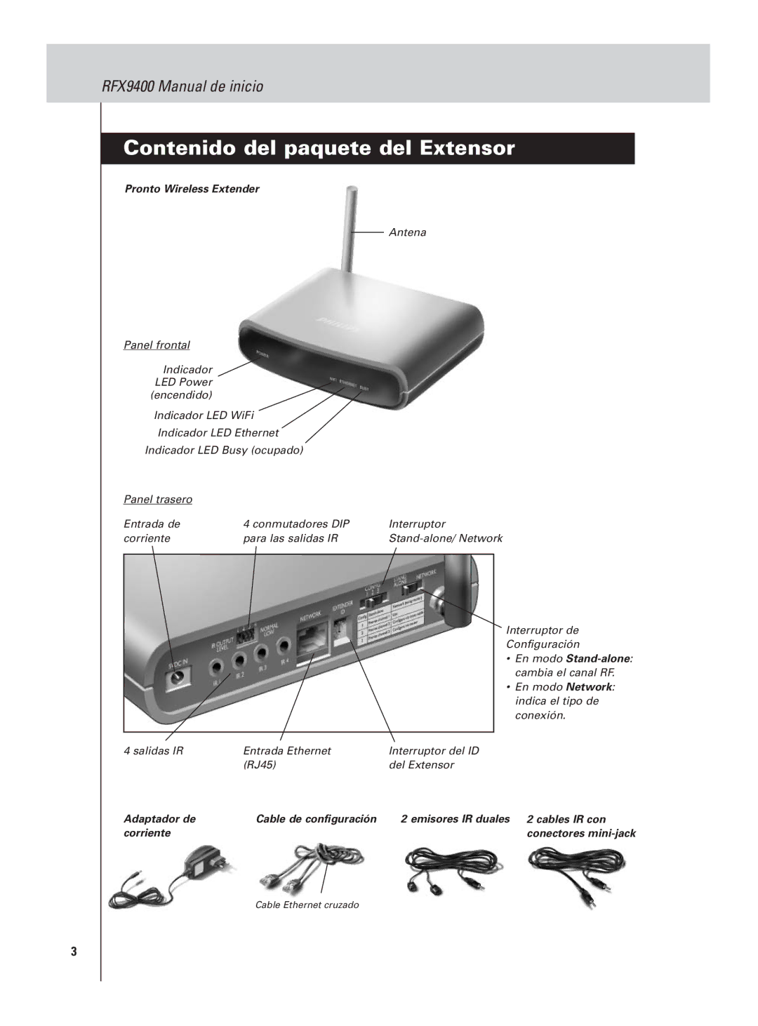 Philips RFX9400 manual Contenido del paquete del Extensor 