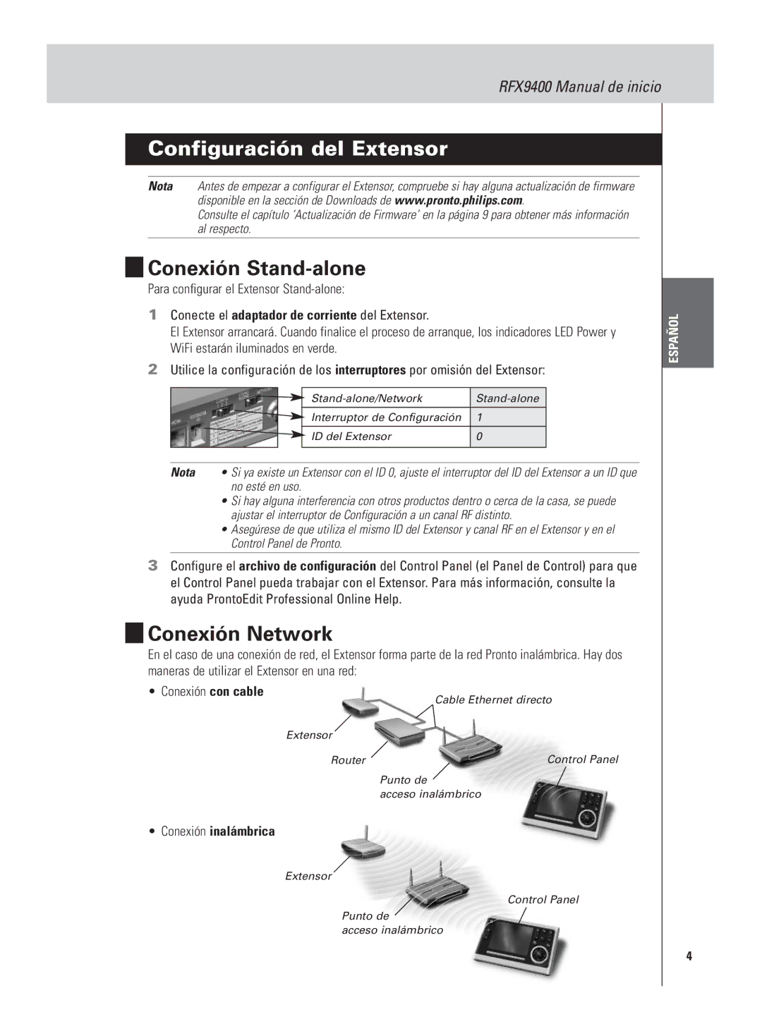 Philips RFX9400 manual Configuración del Extensor, Conexión Stand-alone, Conexión Network, Conexión inalámbrica 