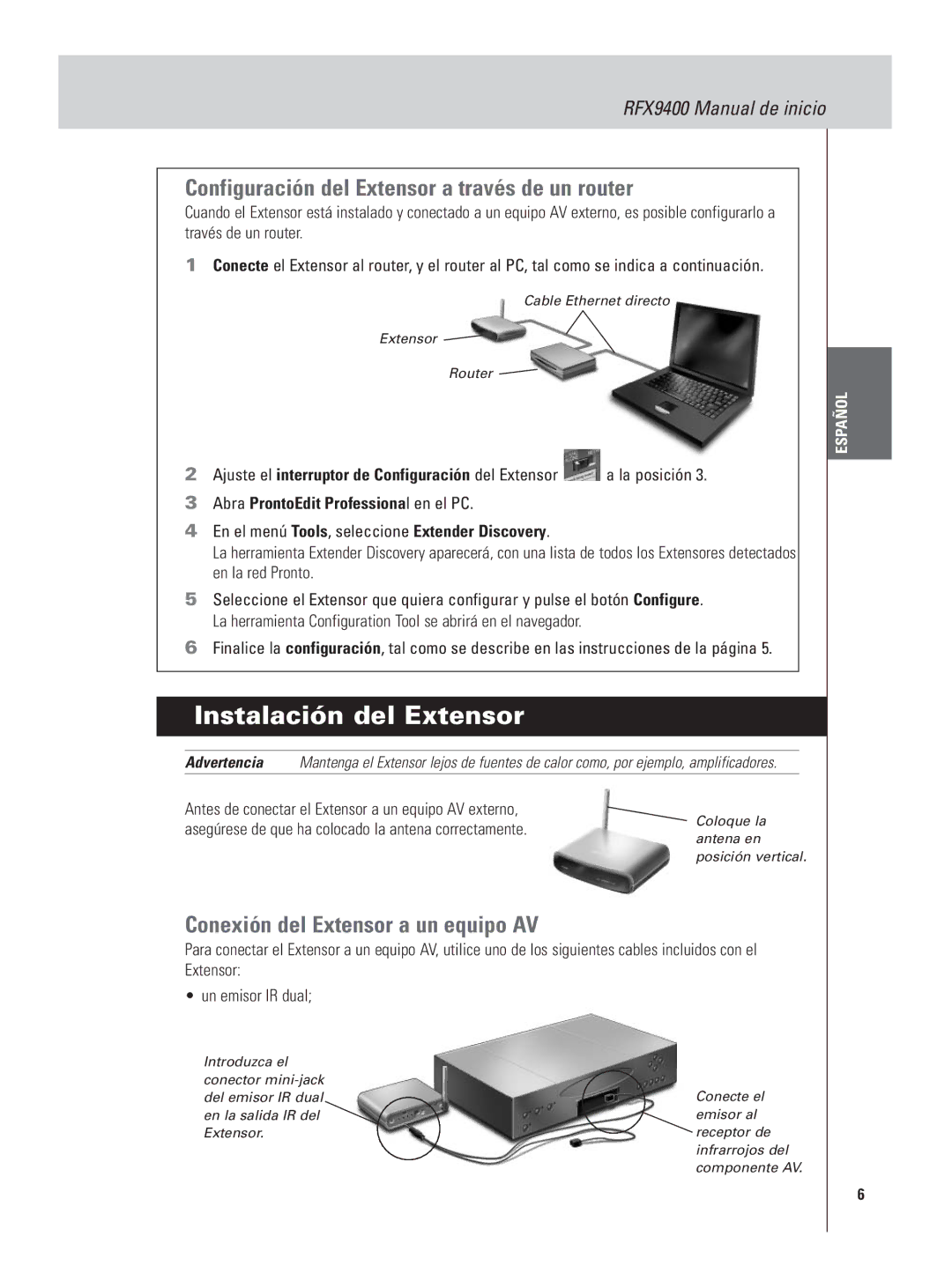 Philips RFX9400 manual Instalación del Extensor, Configuración del Extensor a través de un router 