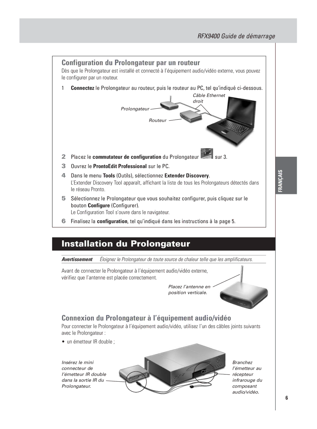 Philips RFX9400 manual Installation du Prolongateur, Configuration du Prolongateur par un routeur 