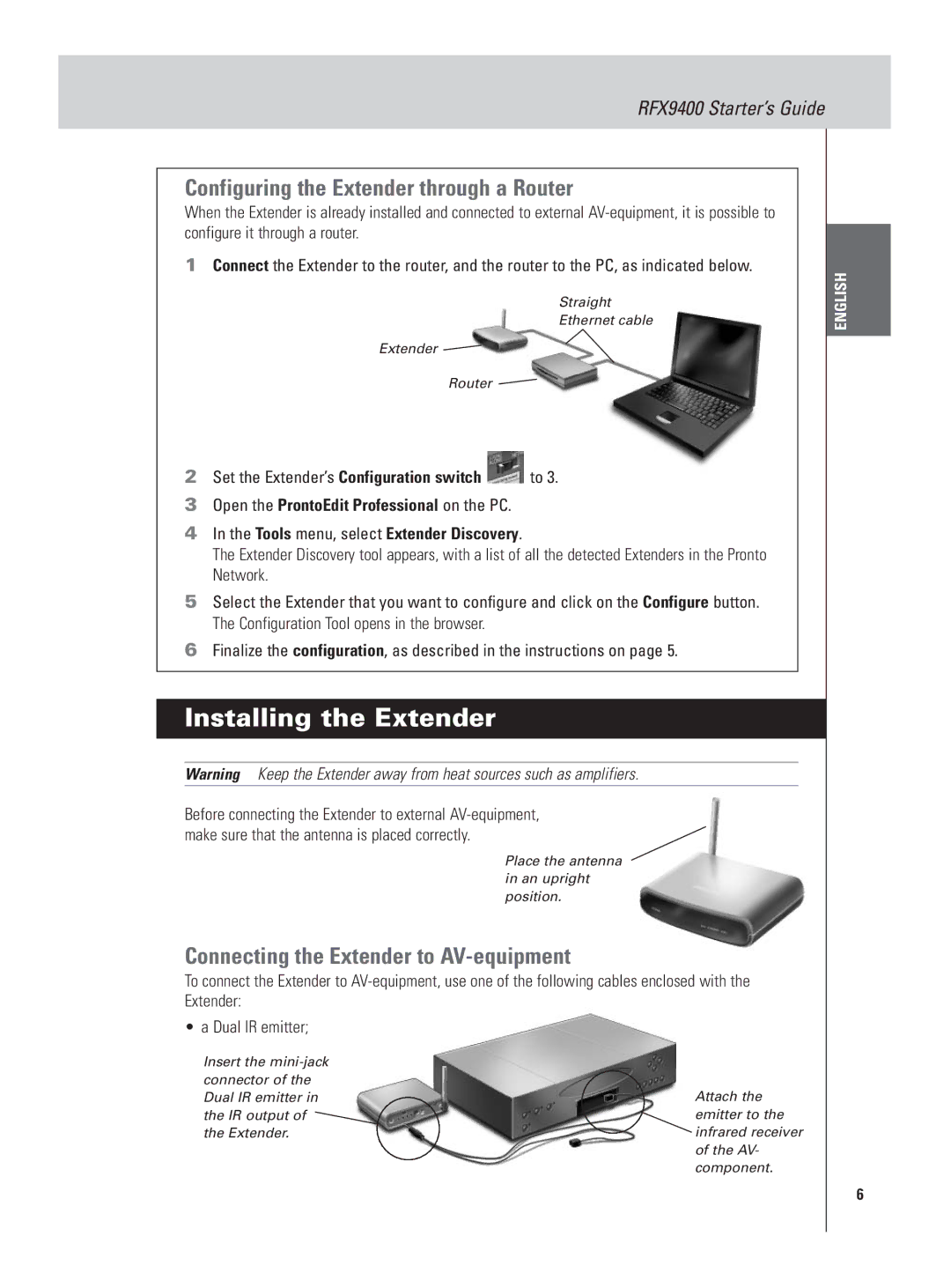 Philips RFX9400 manual Installing the Extender, Configuring the Extender through a Router 