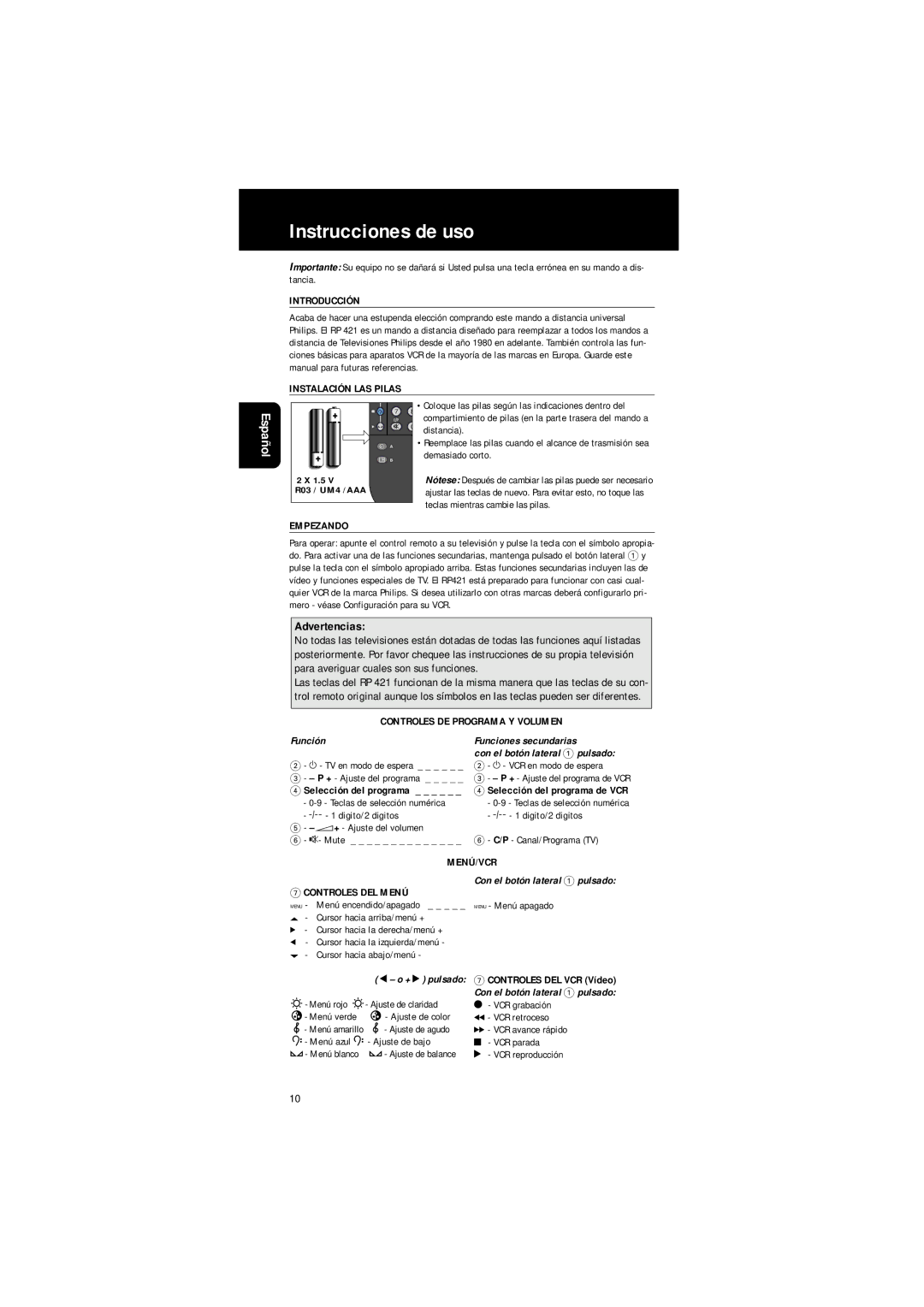 Philips RP 421 manual Instrucciones de uso, Función Funciones secundarias, Con el botón lateral 1 pulsado 