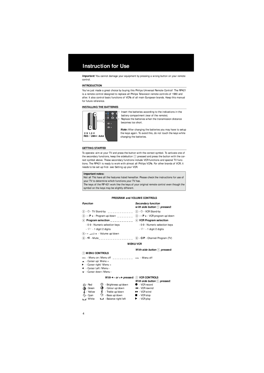 Philips RP 421 manual Instruction for Use, Function Secondary function, With side button 1 pressed 