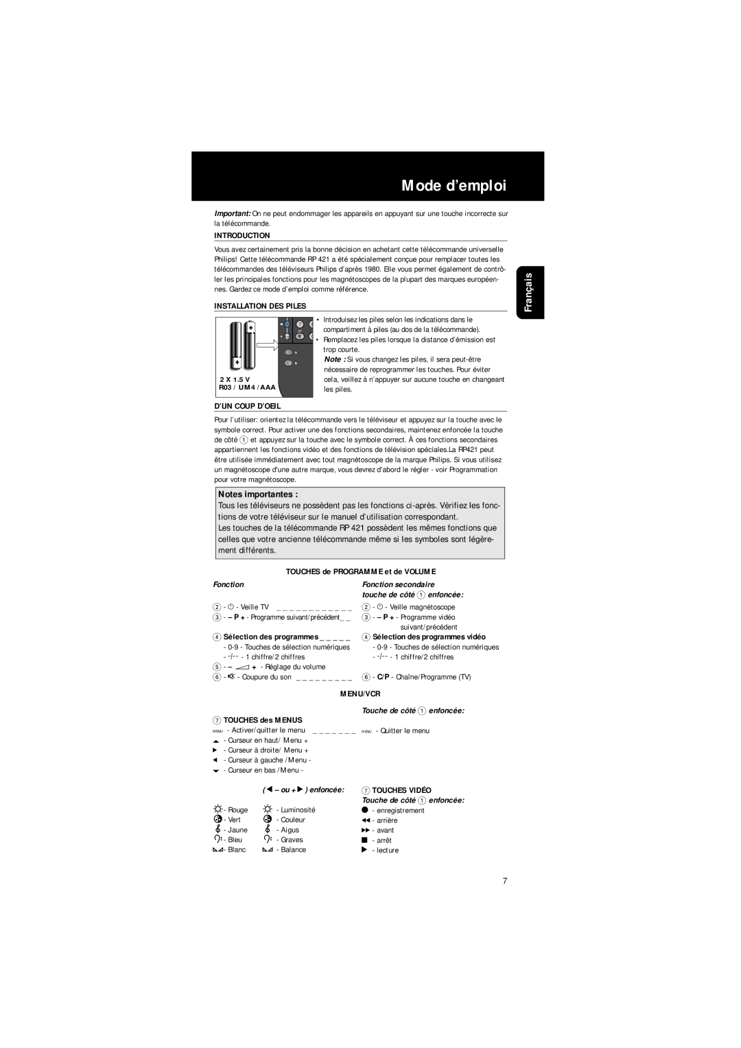 Philips RP 421 manual Installation DES Piles, ’UN Coup D’OEIL, Fonction Fonction secondaire Touche de côté 1 enfoncée 