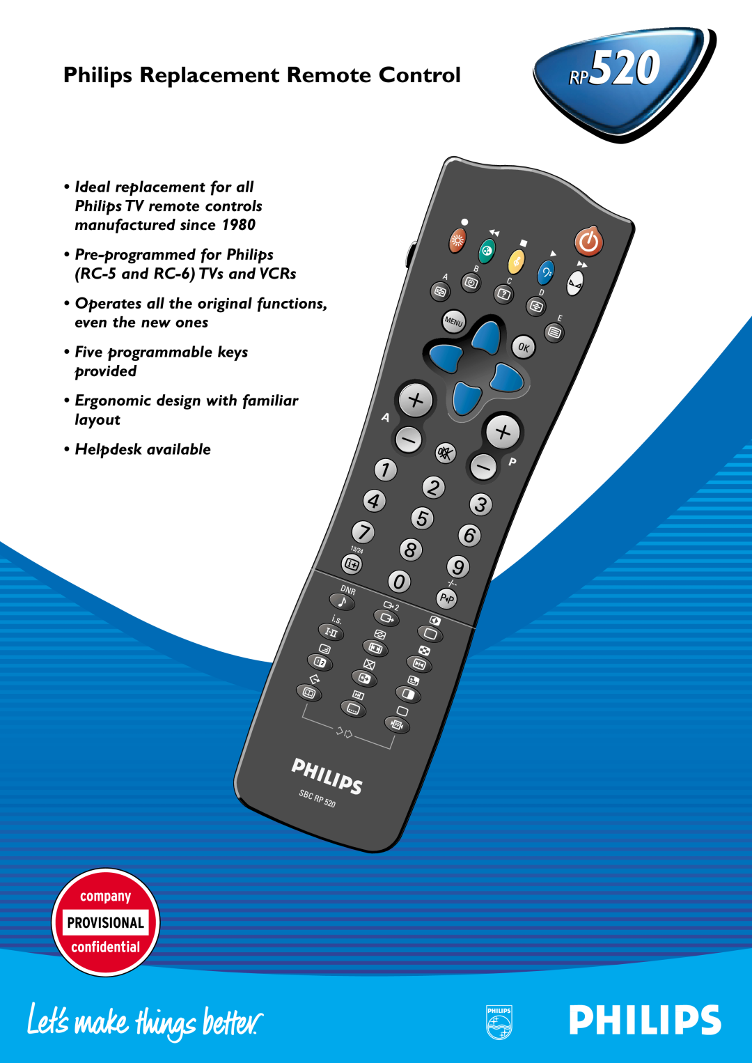 Philips RP520 manual Philips Replacement Remote Control, manufactured since, Helpdesk available 