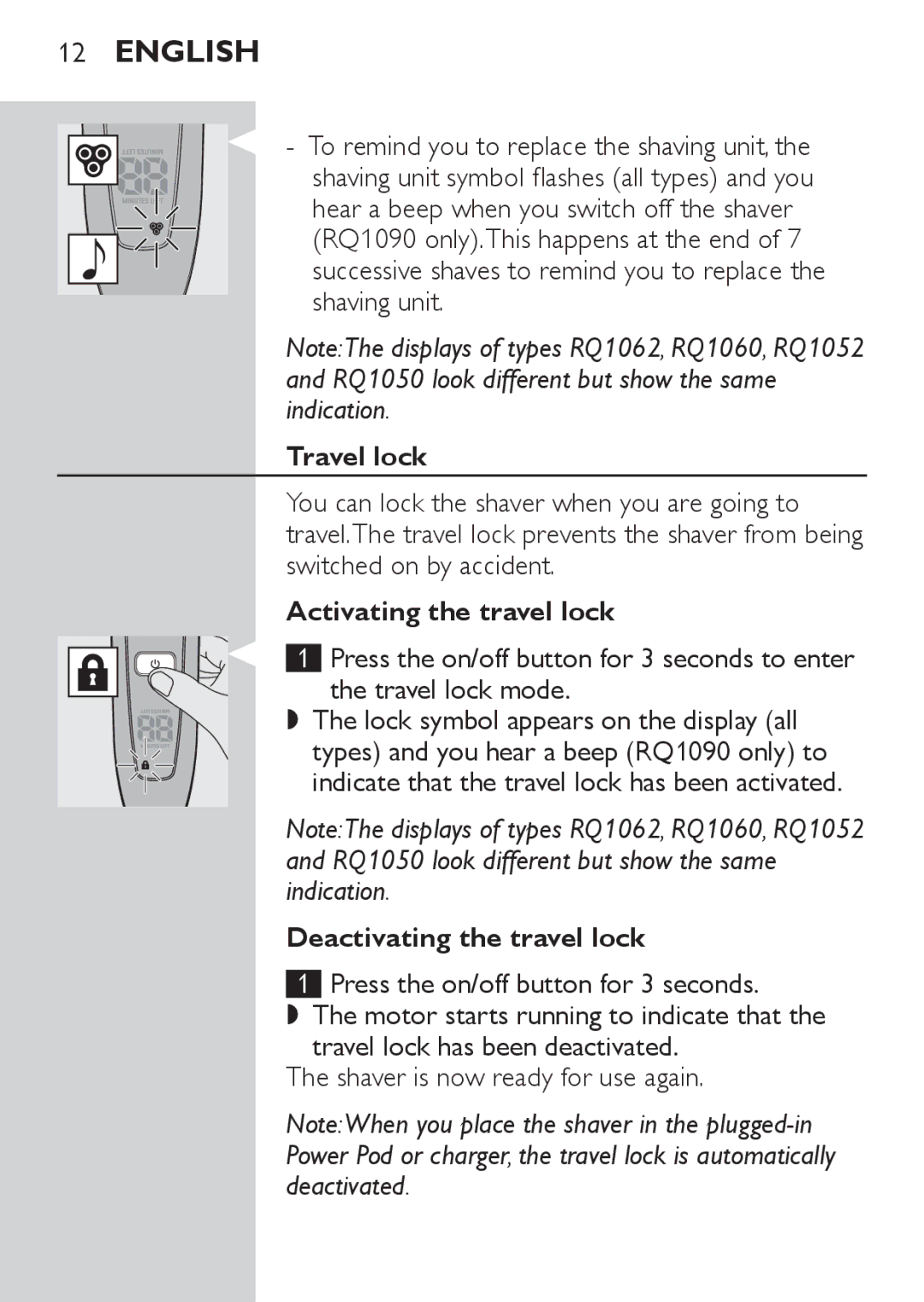 Philips RQ1062, RQ1052, RQ1050, RQ1060 manual Travel lock, Activating the travel lock, Deactivating the travel lock 