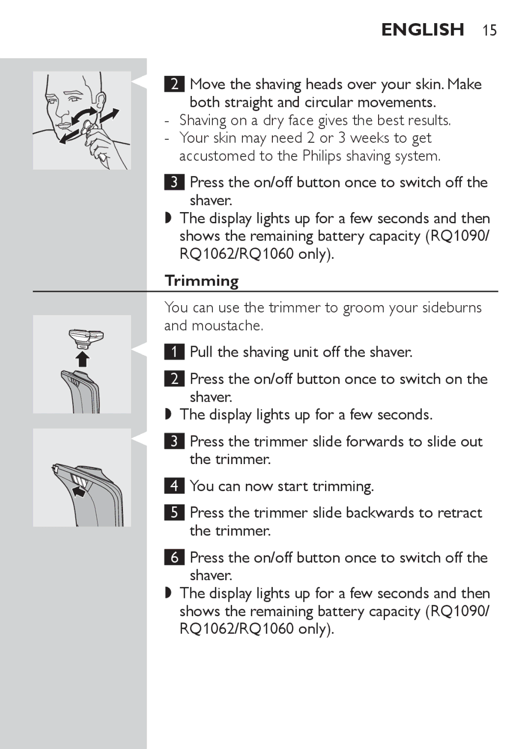 Philips RQ1050, RQ1052, RQ1062, RQ1060 manual Trimming 
