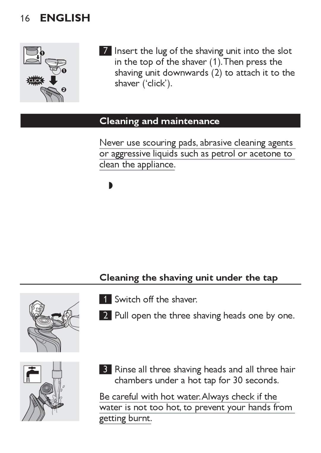 Philips RQ1062, RQ1052, RQ1050, RQ1060 manual Cleaning and maintenance, Cleaning the shaving unit under the tap 