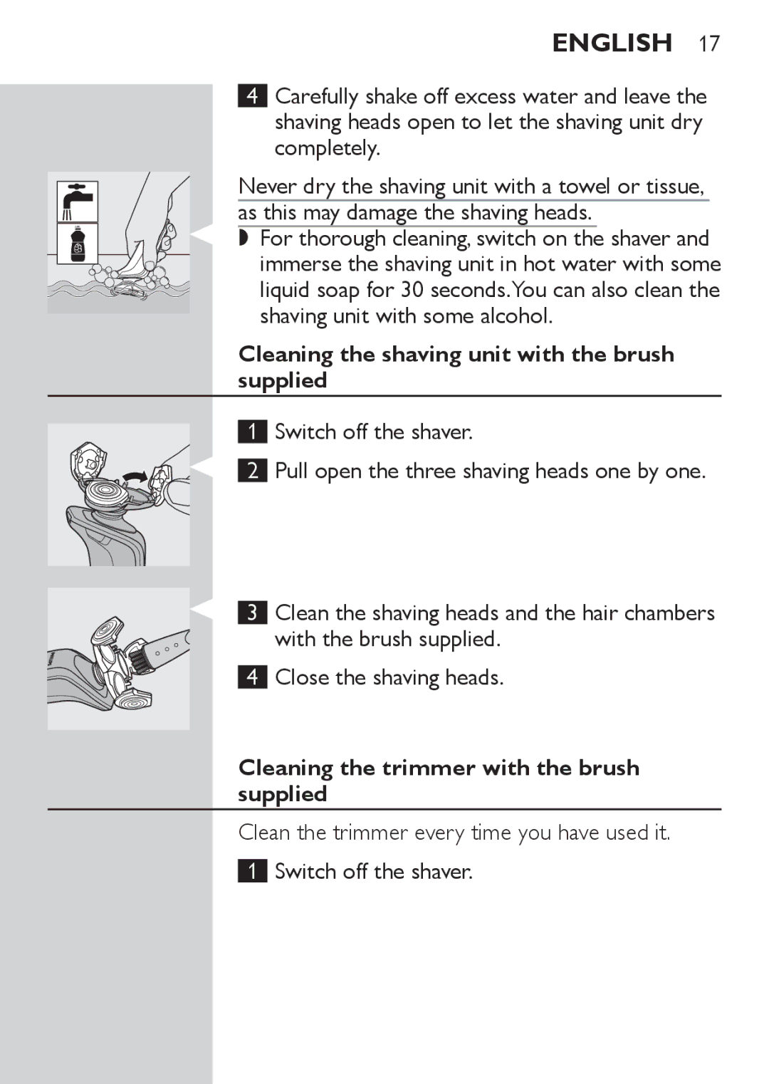 Philips RQ1060, RQ1052 Cleaning the shaving unit with the brush supplied, Cleaning the trimmer with the brush supplied 