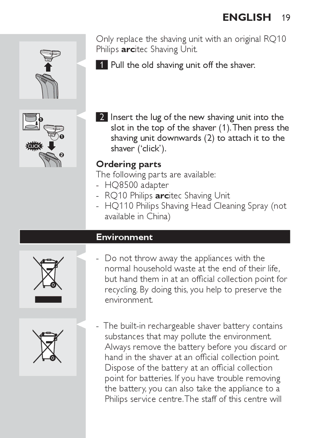 Philips RQ1050, RQ1052, RQ1062, RQ1060 manual Ordering parts, Environment 