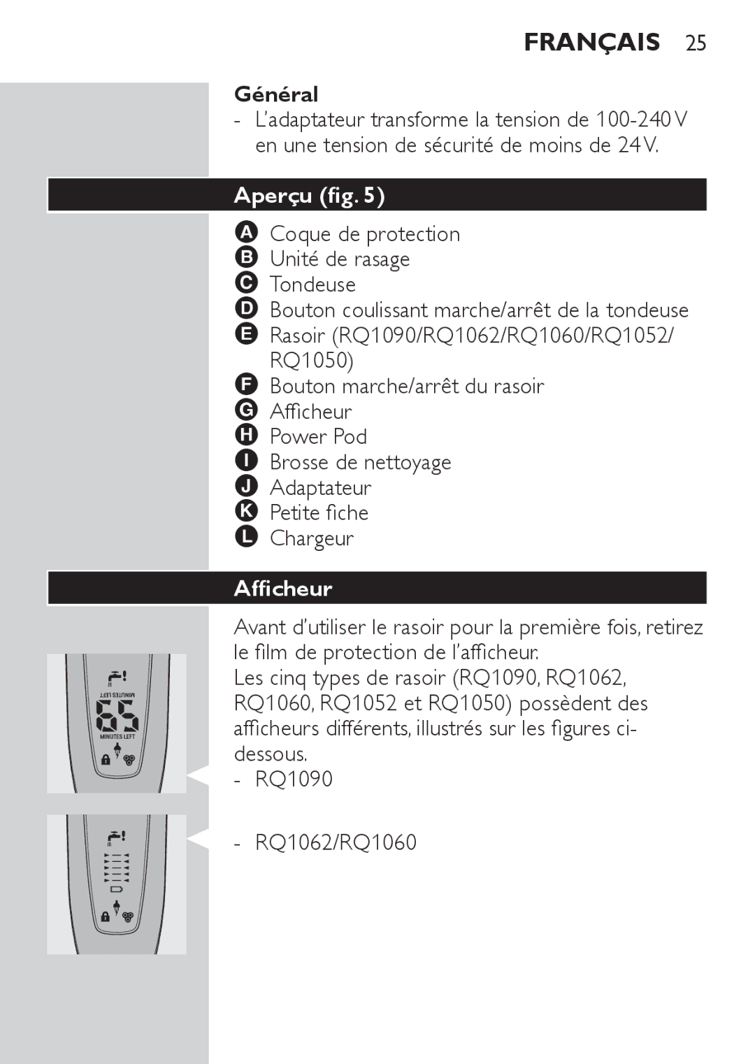 Philips RQ1060, RQ1052, RQ1050, RQ1062 manual Général, Aperçu, Afficheur 