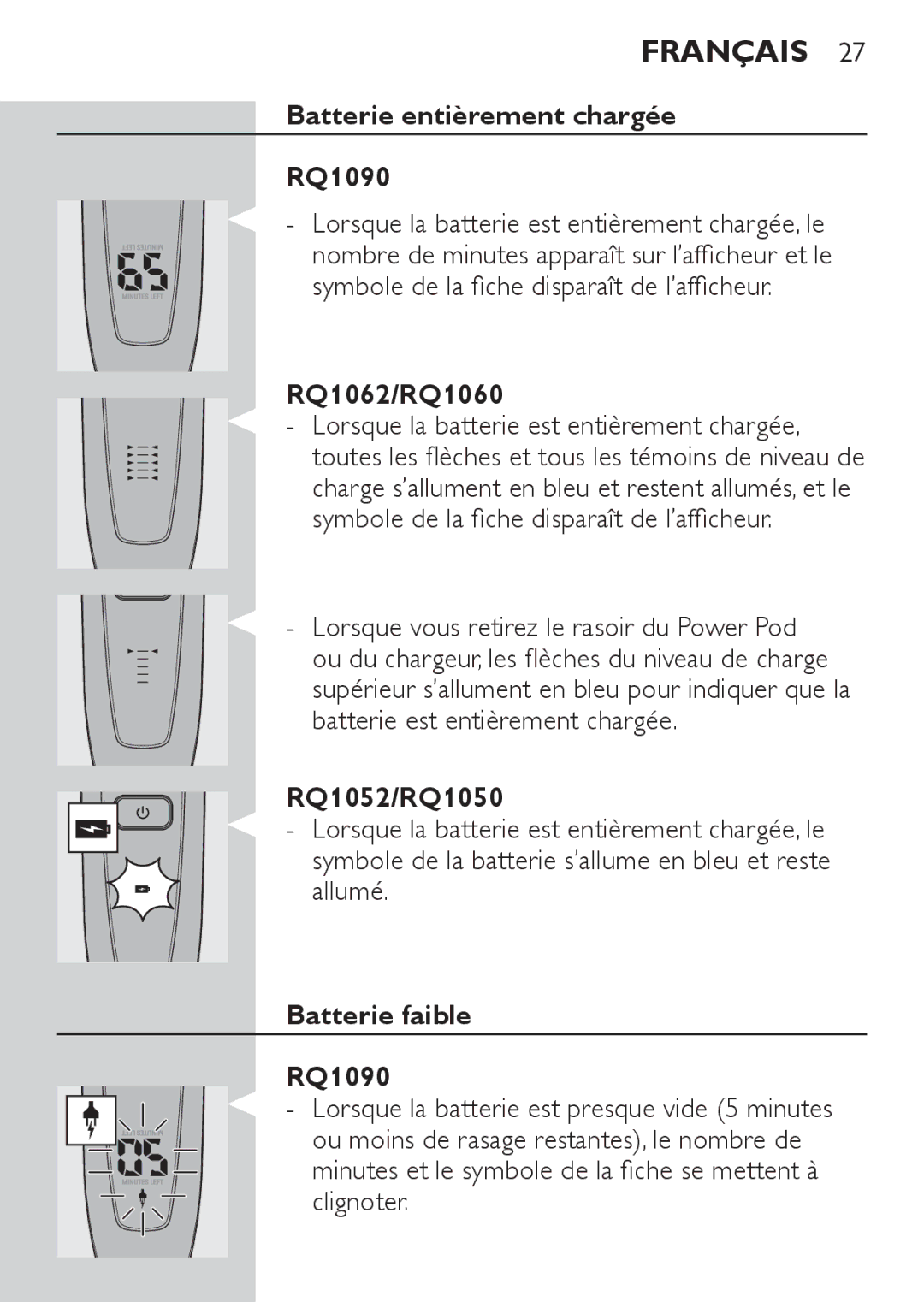 Philips RQ1050, RQ1052, RQ1062, RQ1060 manual Batterie entièrement chargée RQ1090, Batterie faible RQ1090 