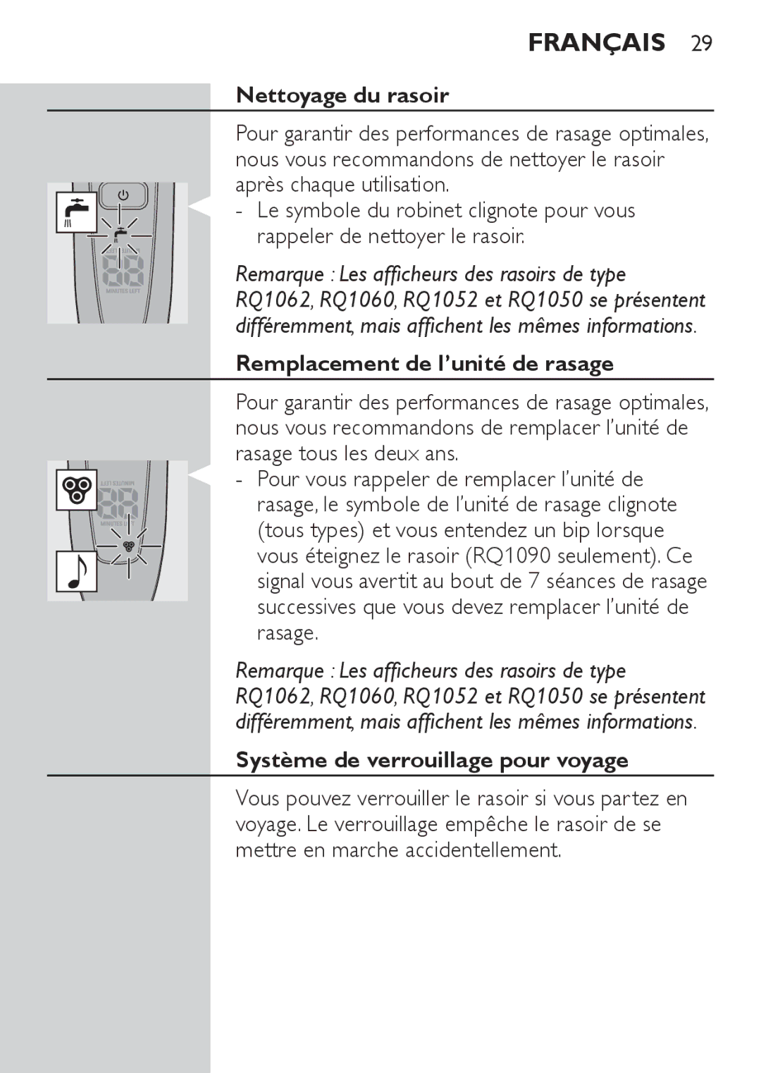 Philips RQ1060, RQ1052, RQ1050 Nettoyage du rasoir, Remplacement de l’unité de rasage, Système de verrouillage pour voyage 