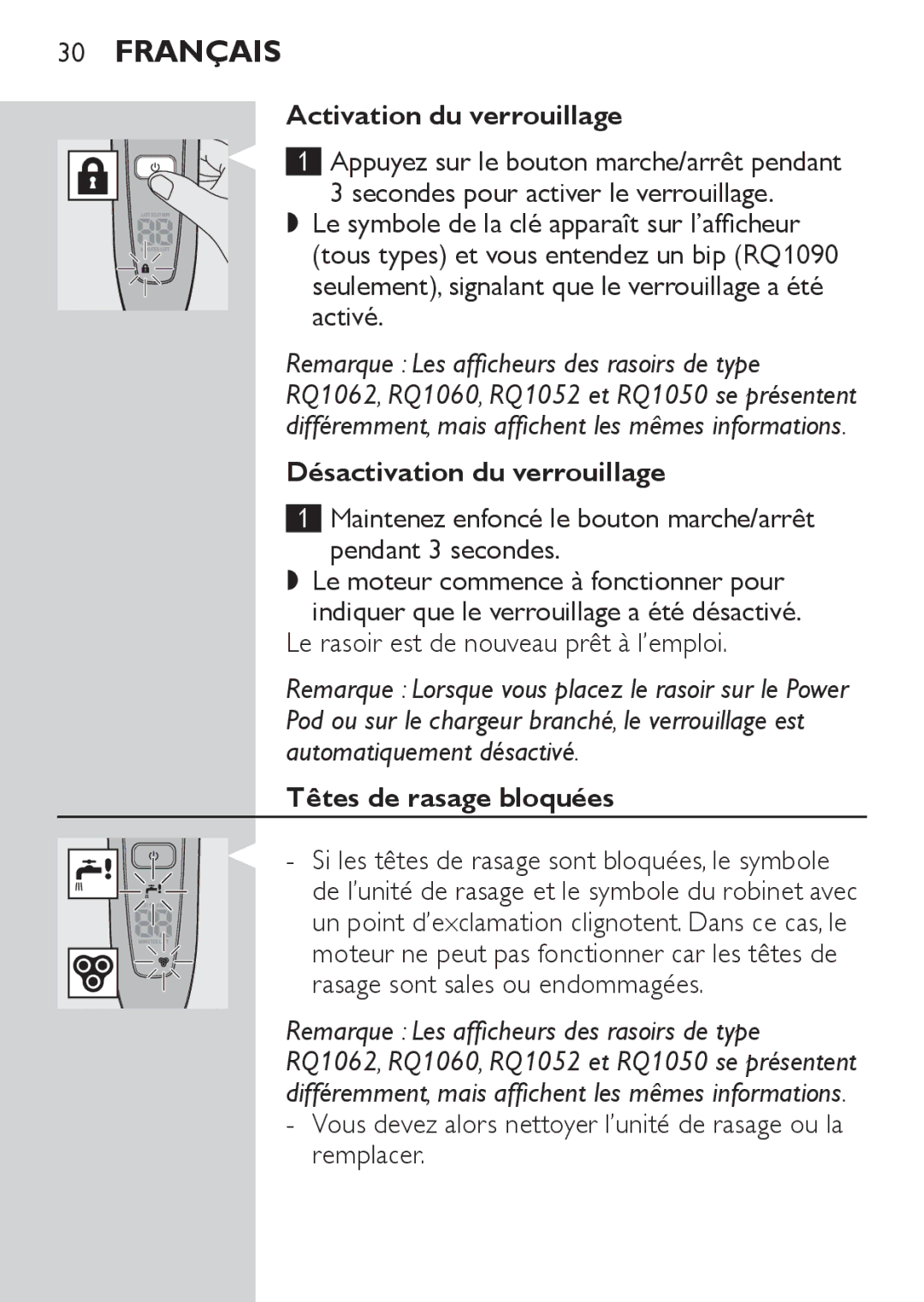 Philips RQ1052, RQ1050, RQ1062, RQ1060 Activation du verrouillage, Désactivation du verrouillage, Têtes de rasage bloquées 