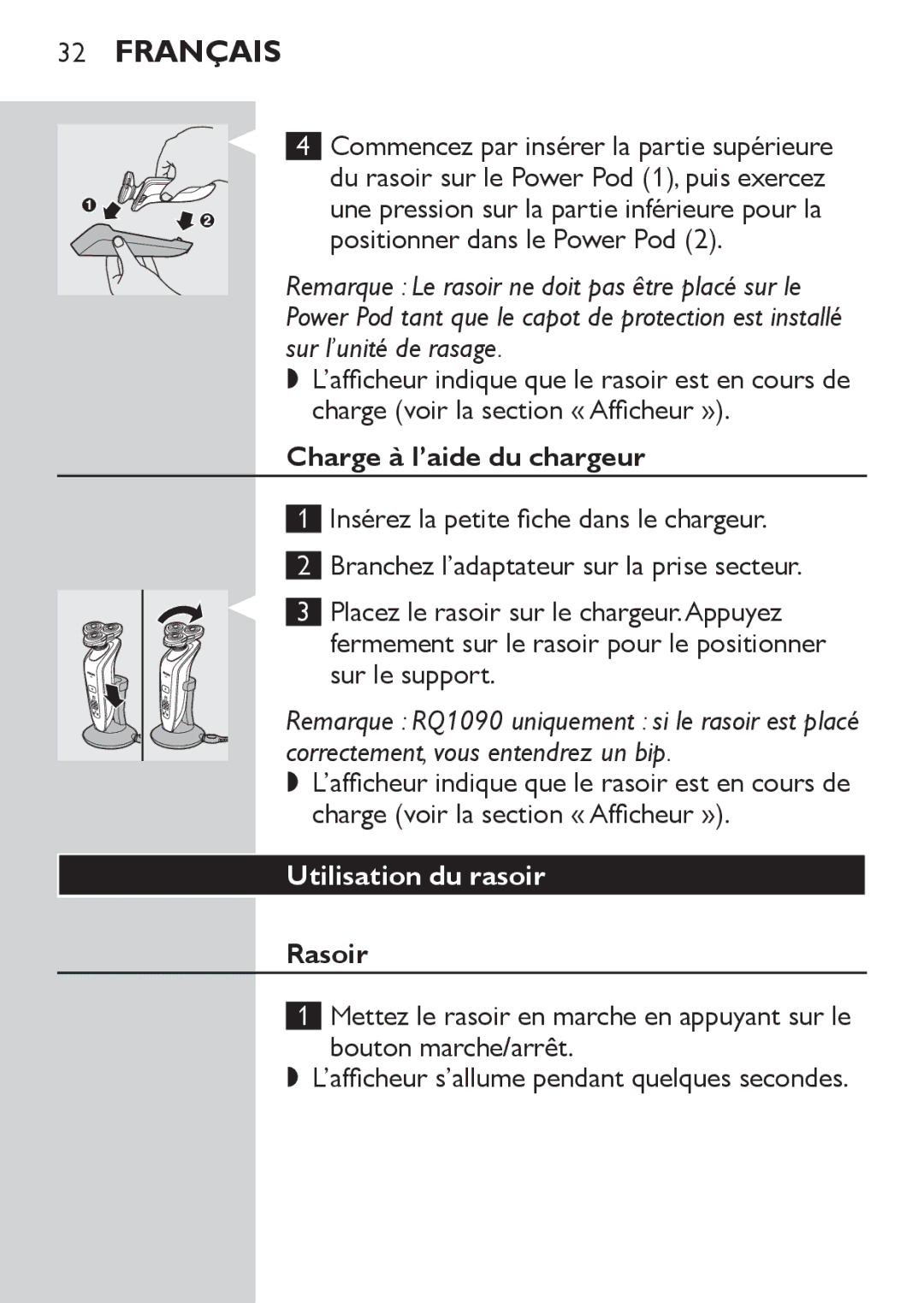 Philips RQ1062, RQ1052, RQ1050, RQ1060 manual Charge à l’aide du chargeur, Utilisation du rasoir, Rasoir 