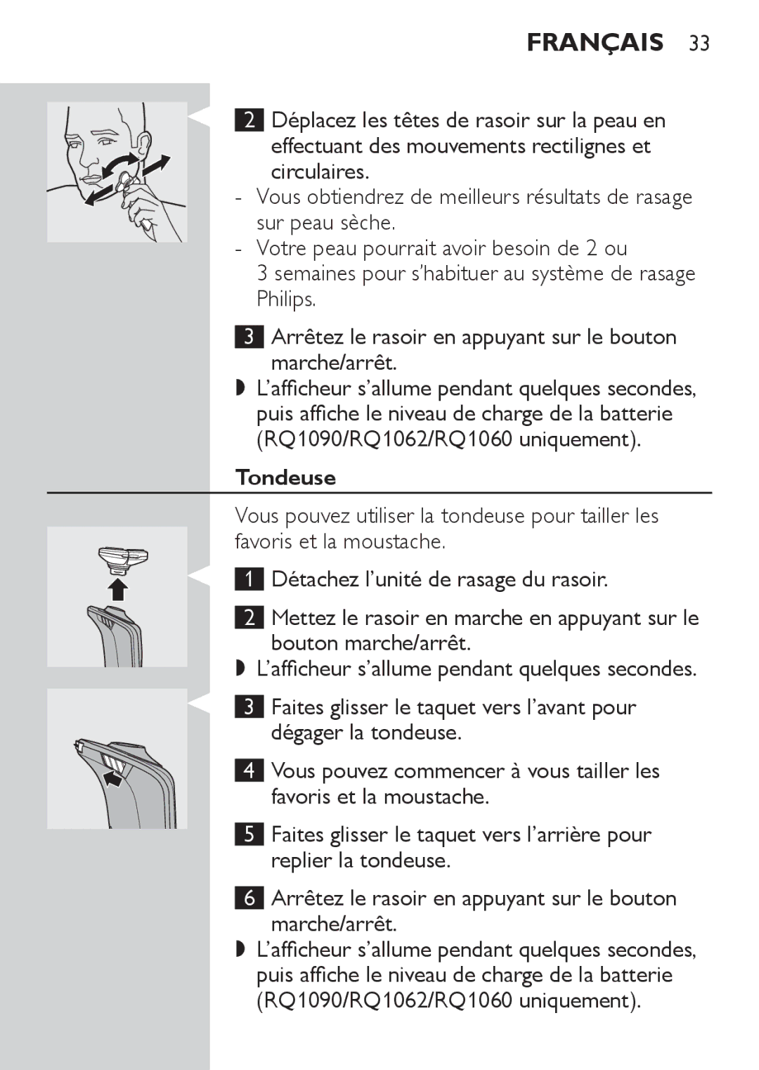 Philips RQ1060, RQ1052, RQ1050, RQ1062 manual Tondeuse 