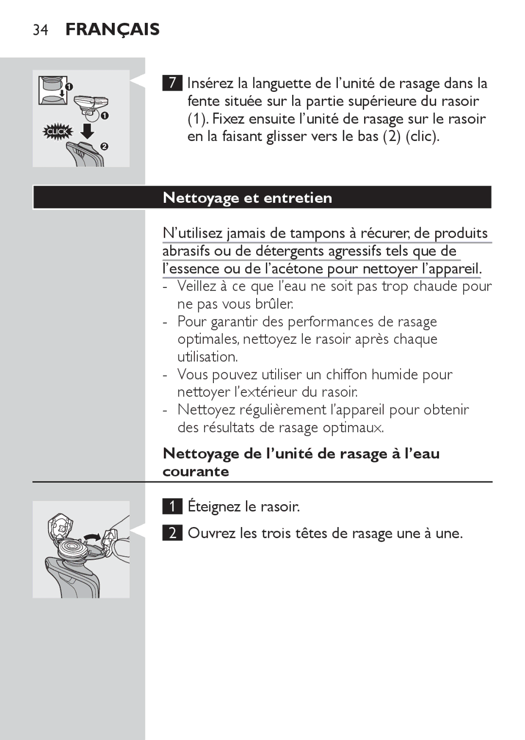 Philips RQ1052, RQ1050, RQ1062, RQ1060 manual Nettoyage et entretien, Nettoyage de l’unité de rasage à l’eau courante 