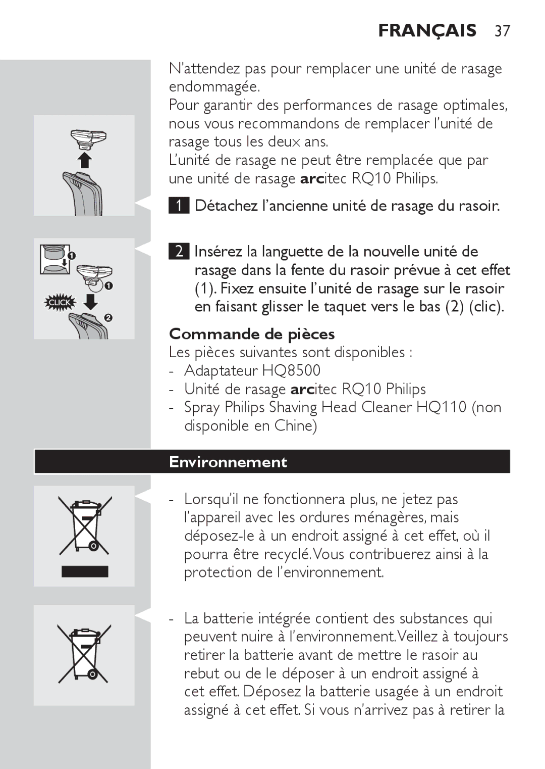 Philips RQ1060, RQ1052, RQ1050, RQ1062 manual Commande de pièces, Environnement 