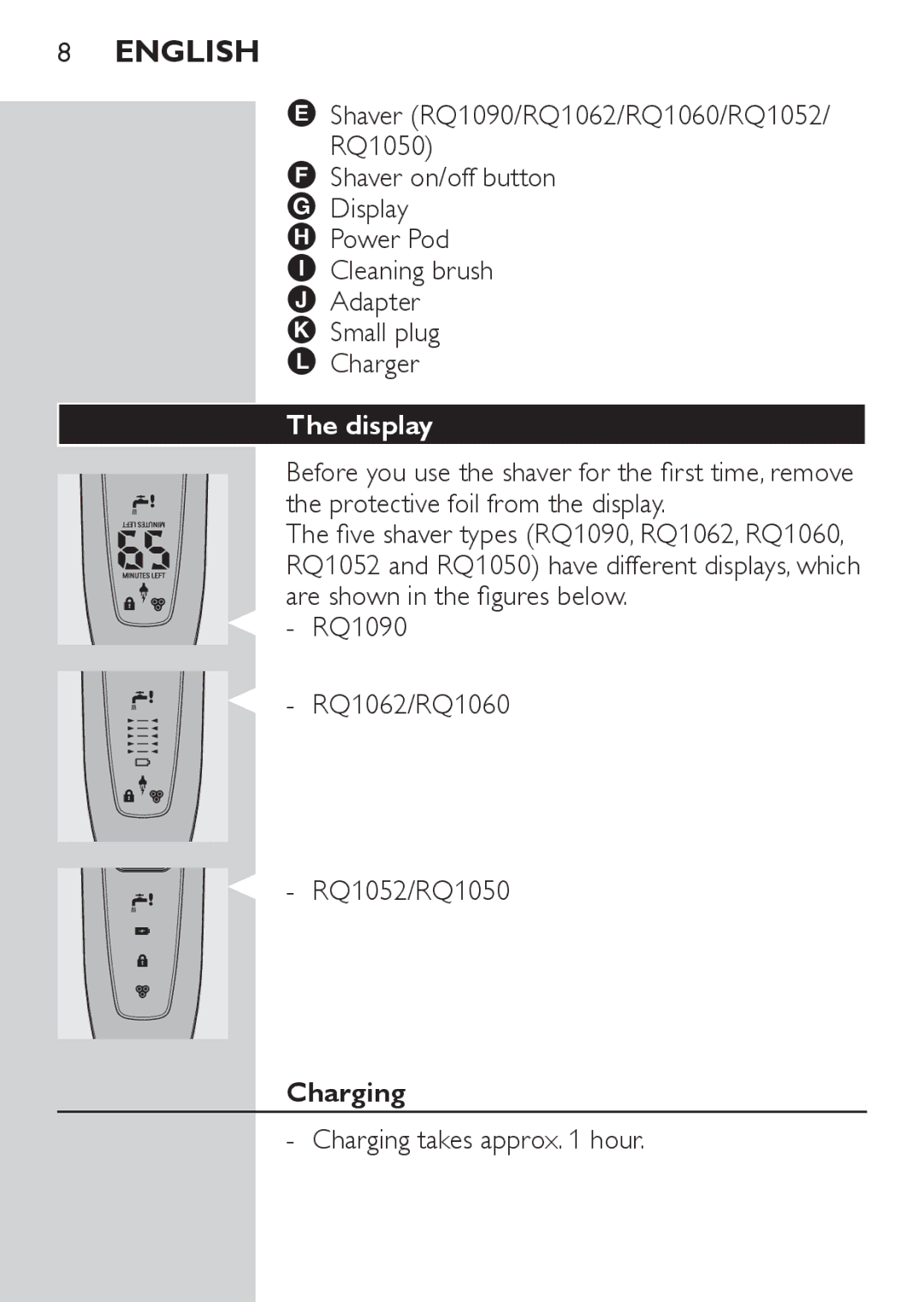 Philips RQ1062, RQ1052, RQ1050, RQ1060 manual Display, Charging 