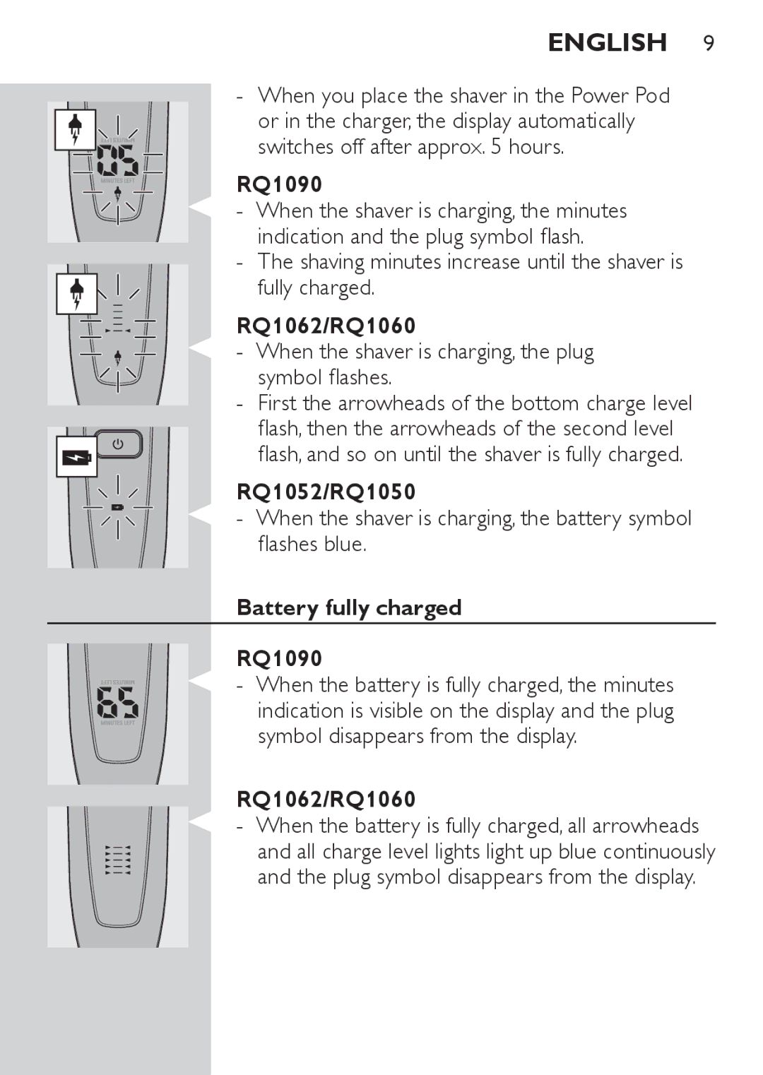 Philips manual RQ1062/RQ1060, RQ1052/RQ1050, Battery fully charged RQ1090 