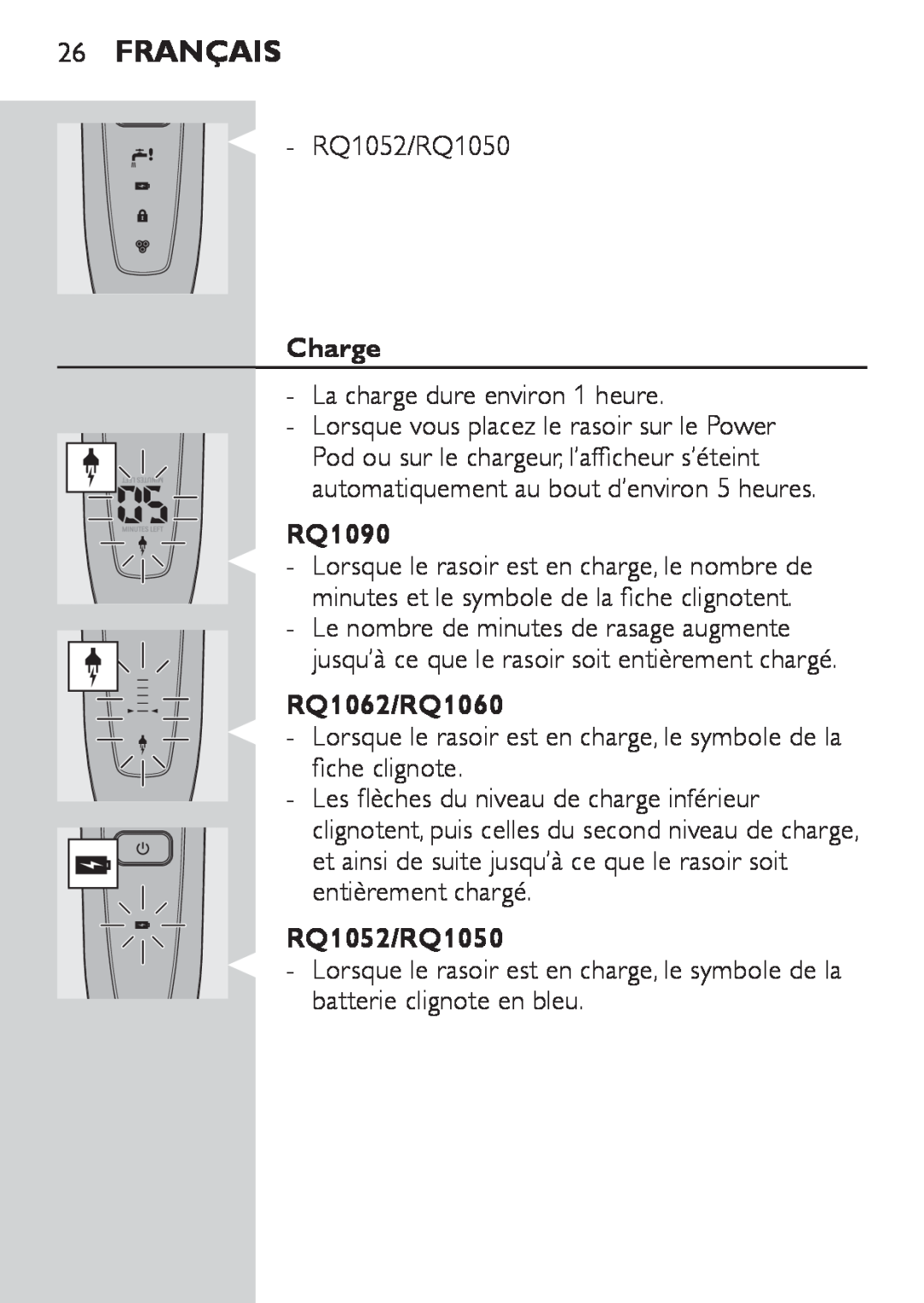 Philips manual Français, Charge, RQ1090, RQ1062/RQ1060, RQ1052/RQ1050 
