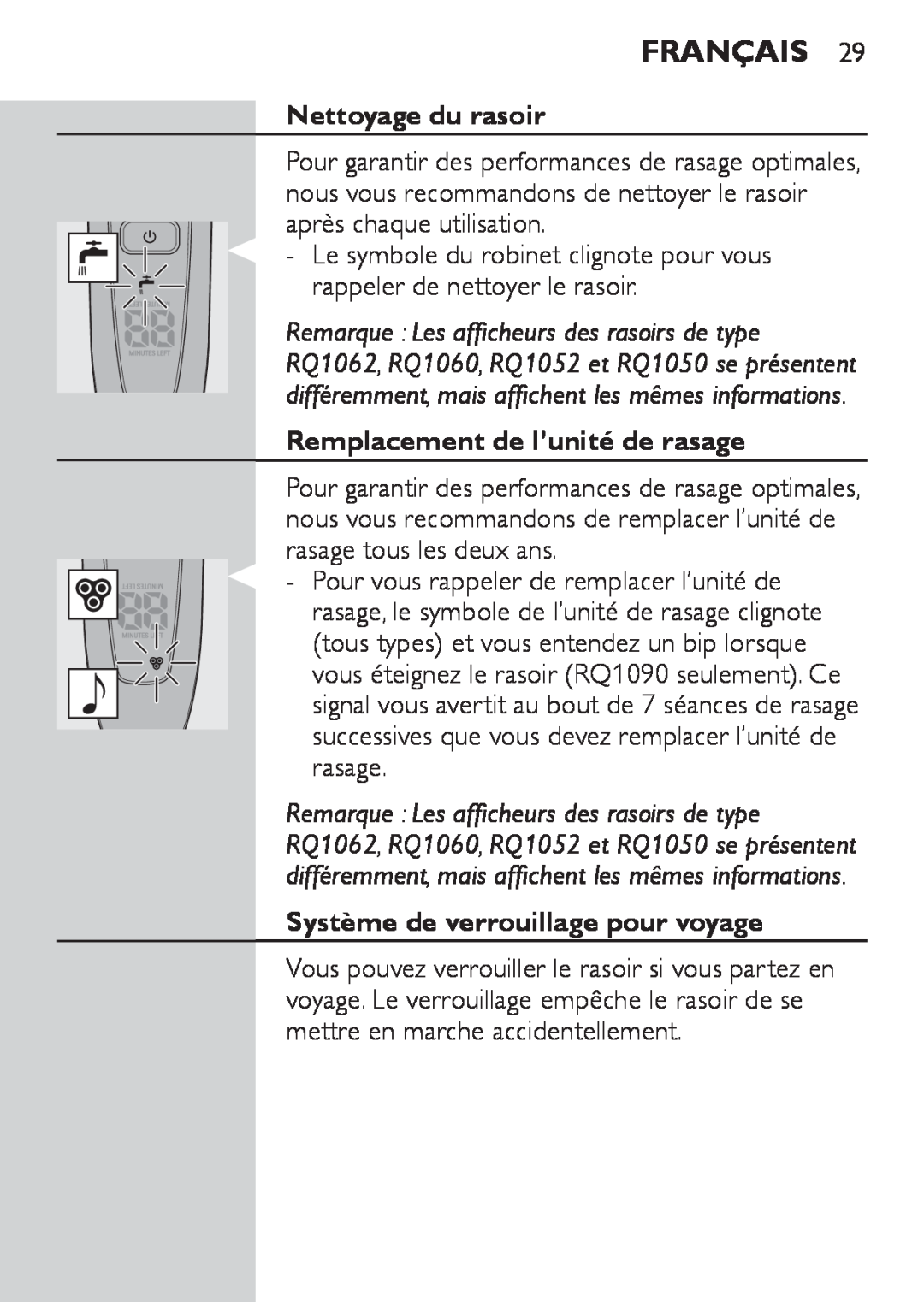 Philips RQ1060 manual Nettoyage du rasoir, Remplacement de l’unité de rasage, Système de verrouillage pour voyage, Français 
