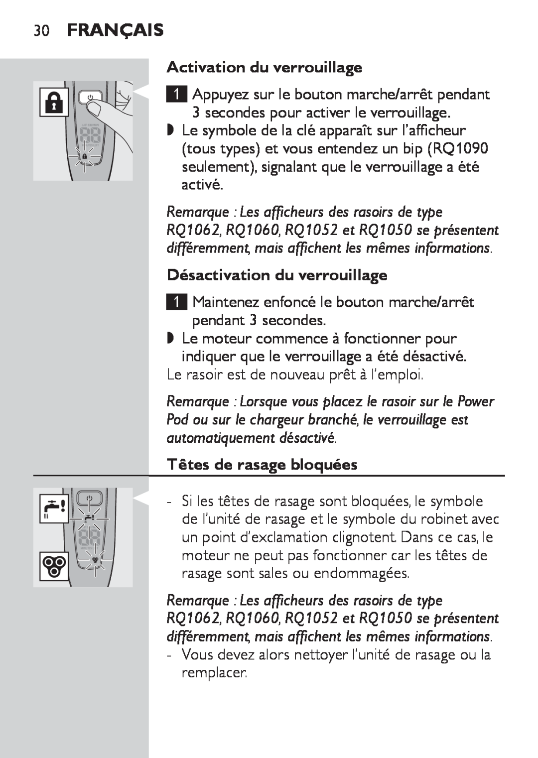 Philips RQ1052, RQ1050 manual Français, Activation du verrouillage, Désactivation du verrouillage, Têtes de rasage bloquées 