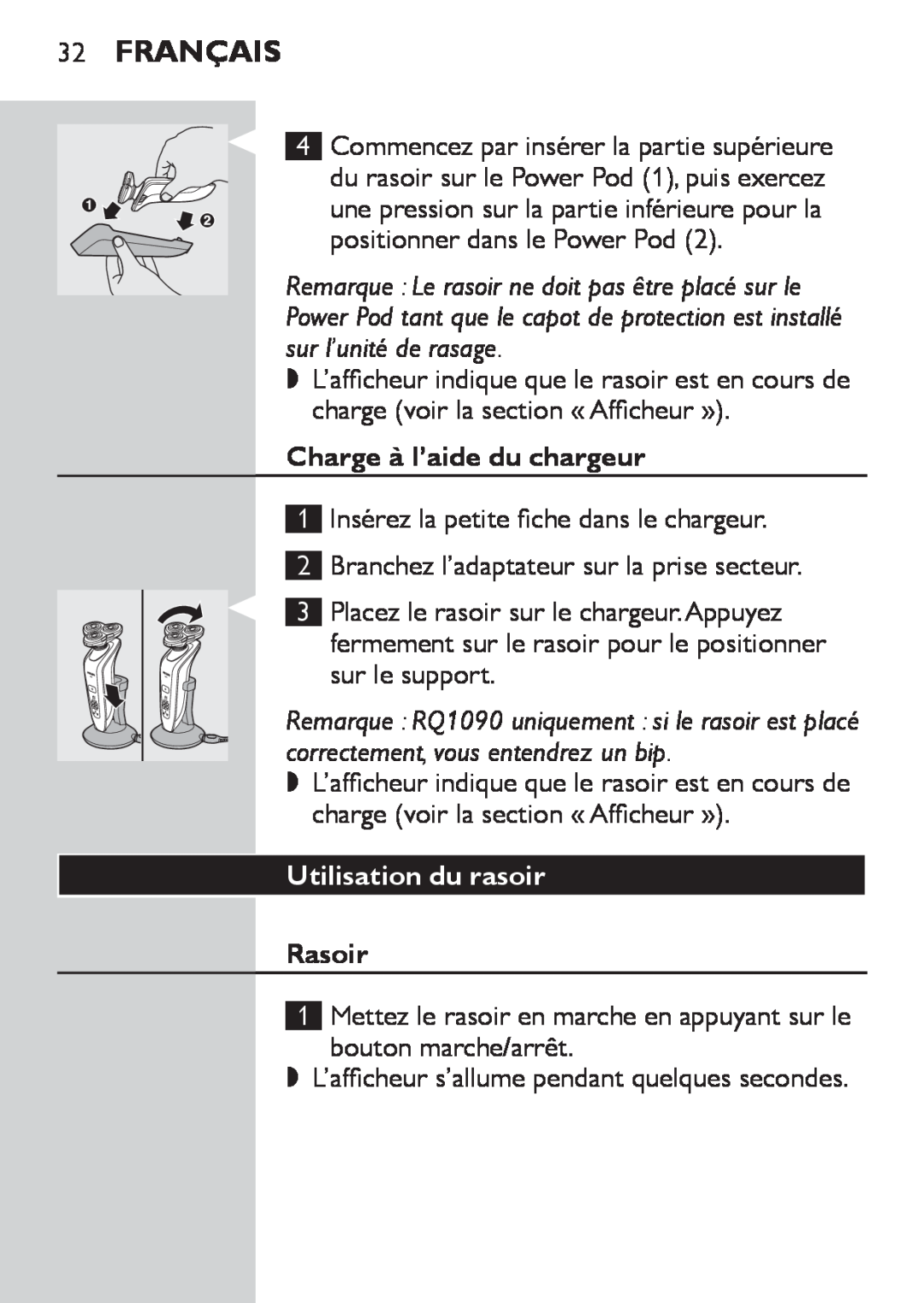 Philips RQ1062, RQ1052, RQ1050, RQ1060 manual Français, Charge à l’aide du chargeur, Utilisation du rasoir, Rasoir 