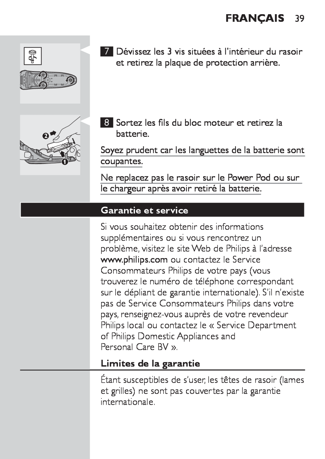 Philips RQ1050, RQ1052, RQ1062, RQ1060 manual Garantie et service, Limites de la garantie, Français 