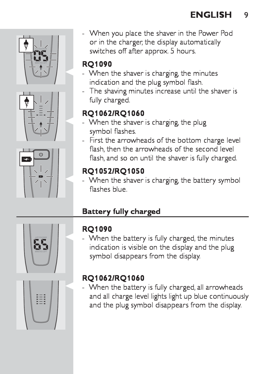 Philips manual RQ1062/RQ1060, RQ1052/RQ1050, Battery fully charged RQ1090, English 