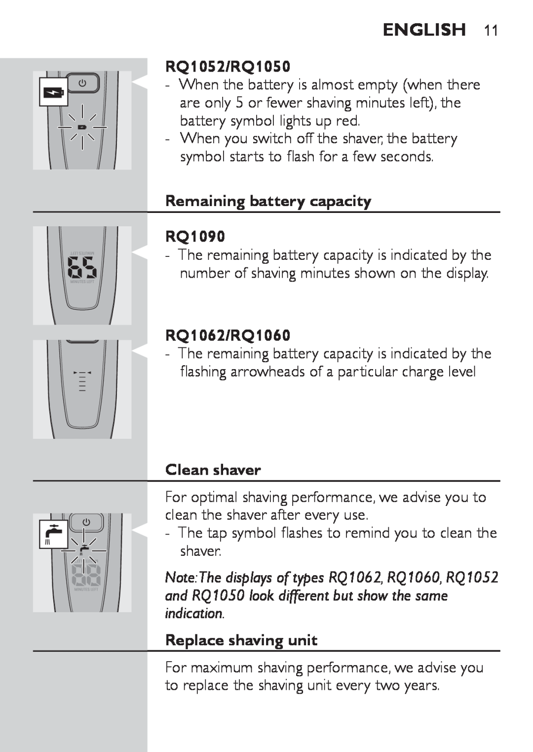 Philips Remaining battery capacity RQ1090, Clean shaver, Replace shaving unit, English, RQ1052/RQ1050, RQ1062/RQ1060 