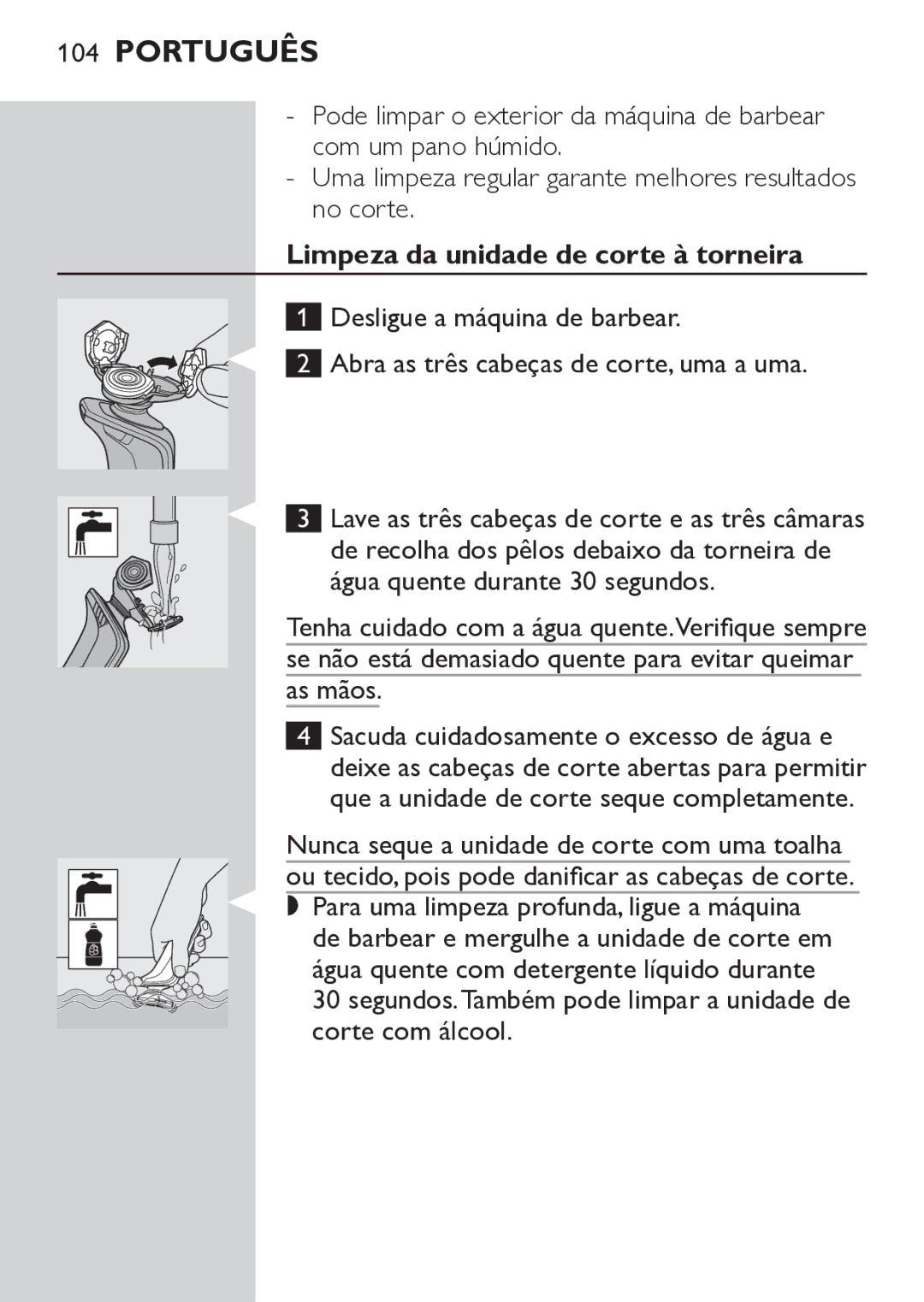 Philips RQ1052, RQ1062 manual Limpeza da unidade de corte à torneira 