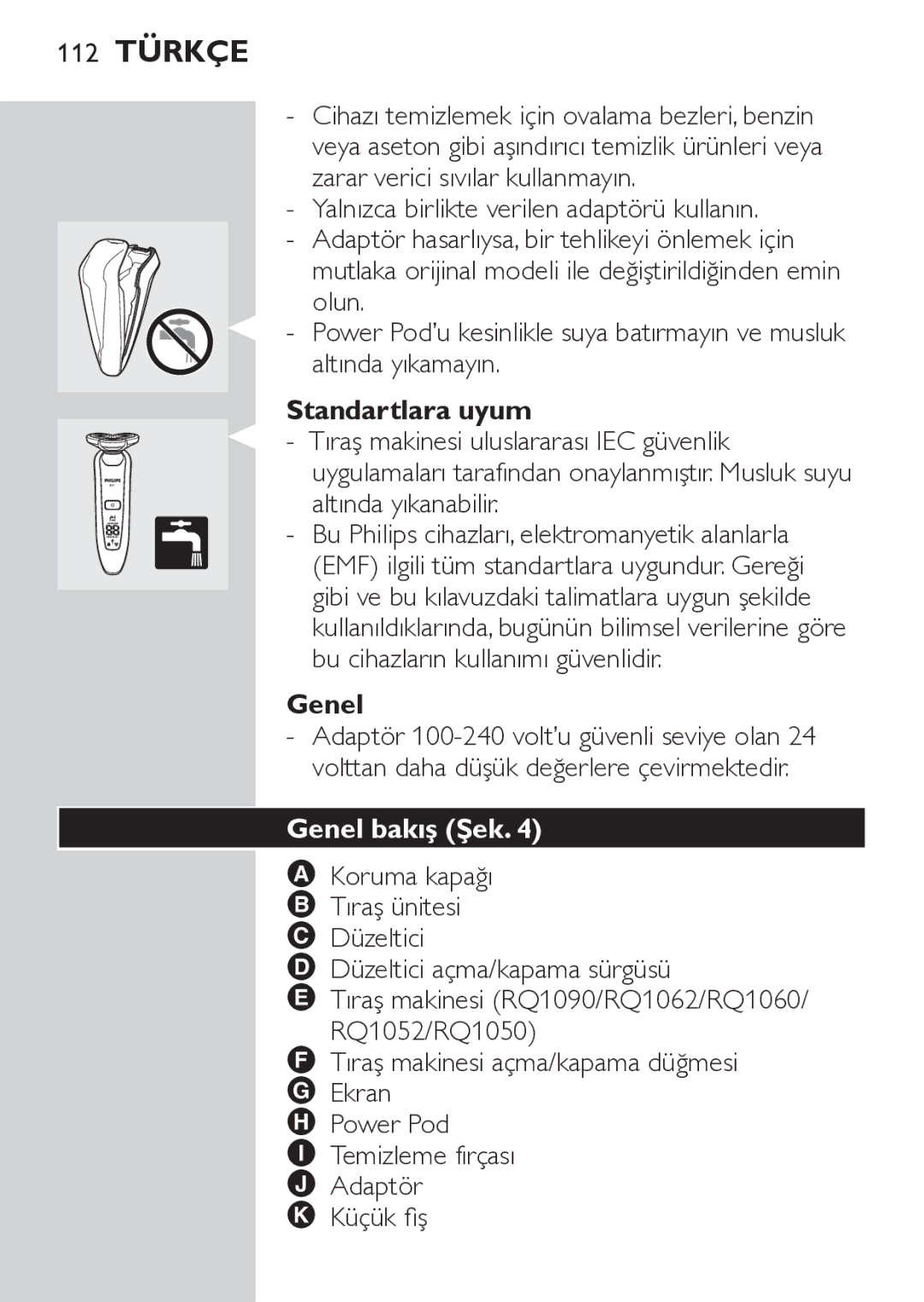 Philips RQ1052, RQ1062 manual Standartlara uyum, Genel bakış Şek 