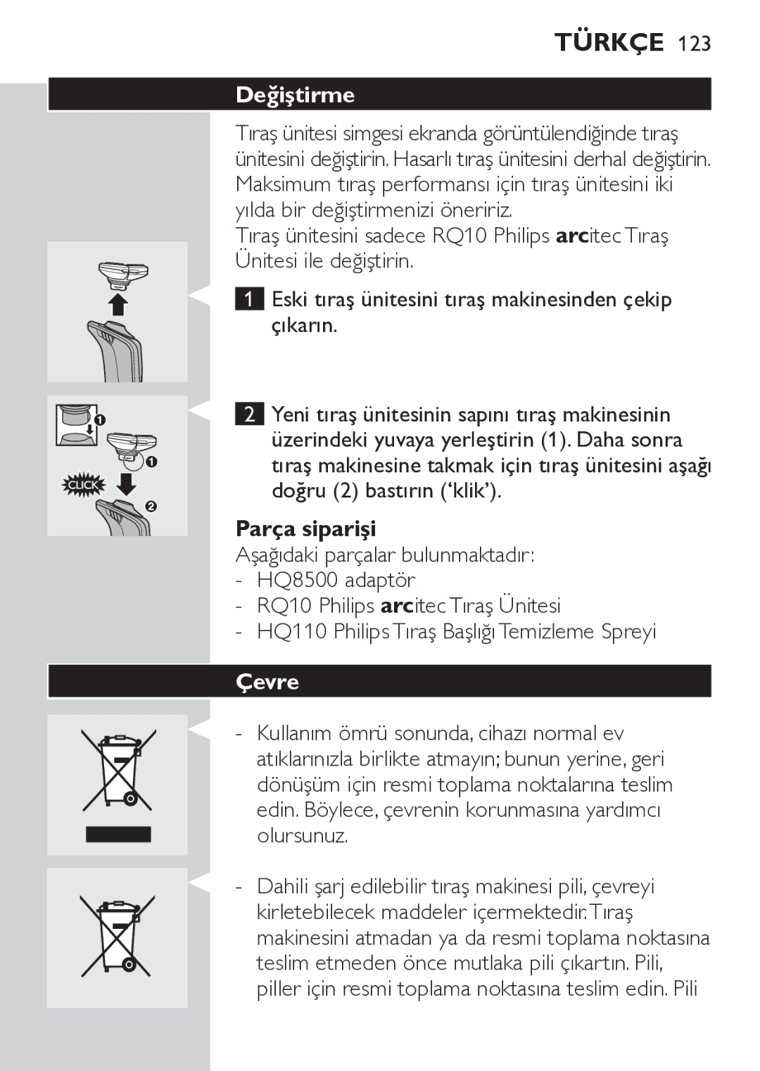 Philips RQ1062, RQ1052 manual Değiştirme, Parça siparişi, Çevre 