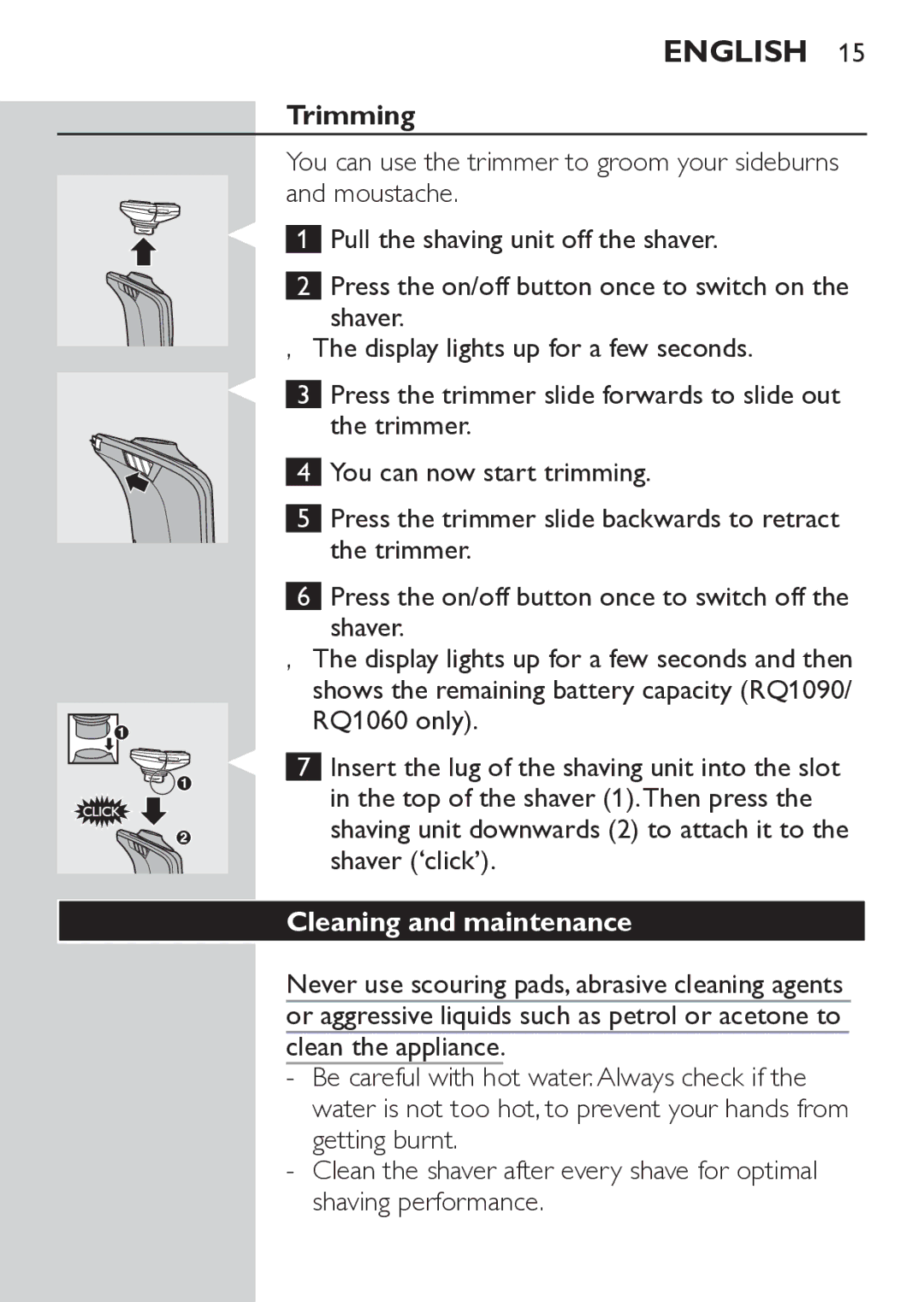 Philips RQ1062, RQ1052 manual Trimming, Cleaning and maintenance 