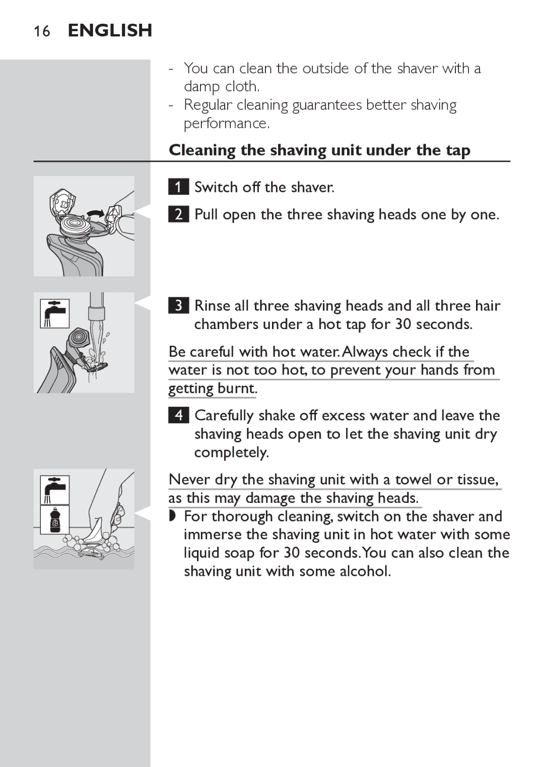 Philips RQ1052, RQ1062 manual Cleaning the shaving unit under the tap 