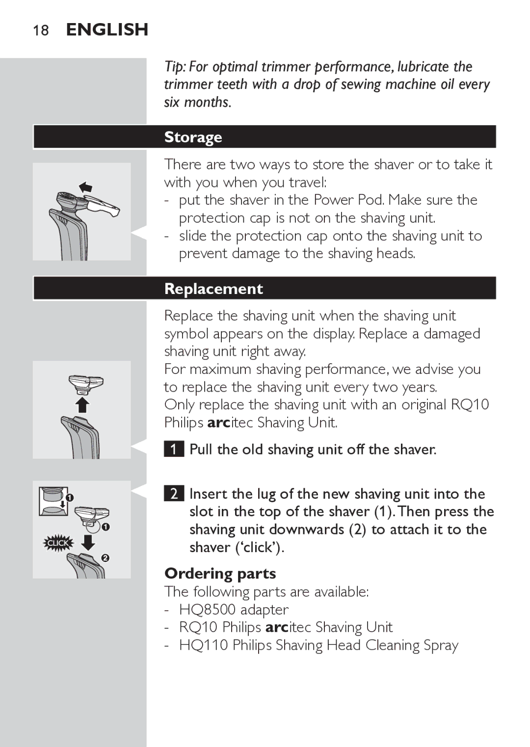 Philips RQ1052, RQ1062 manual Storage, Replacement, Ordering parts 